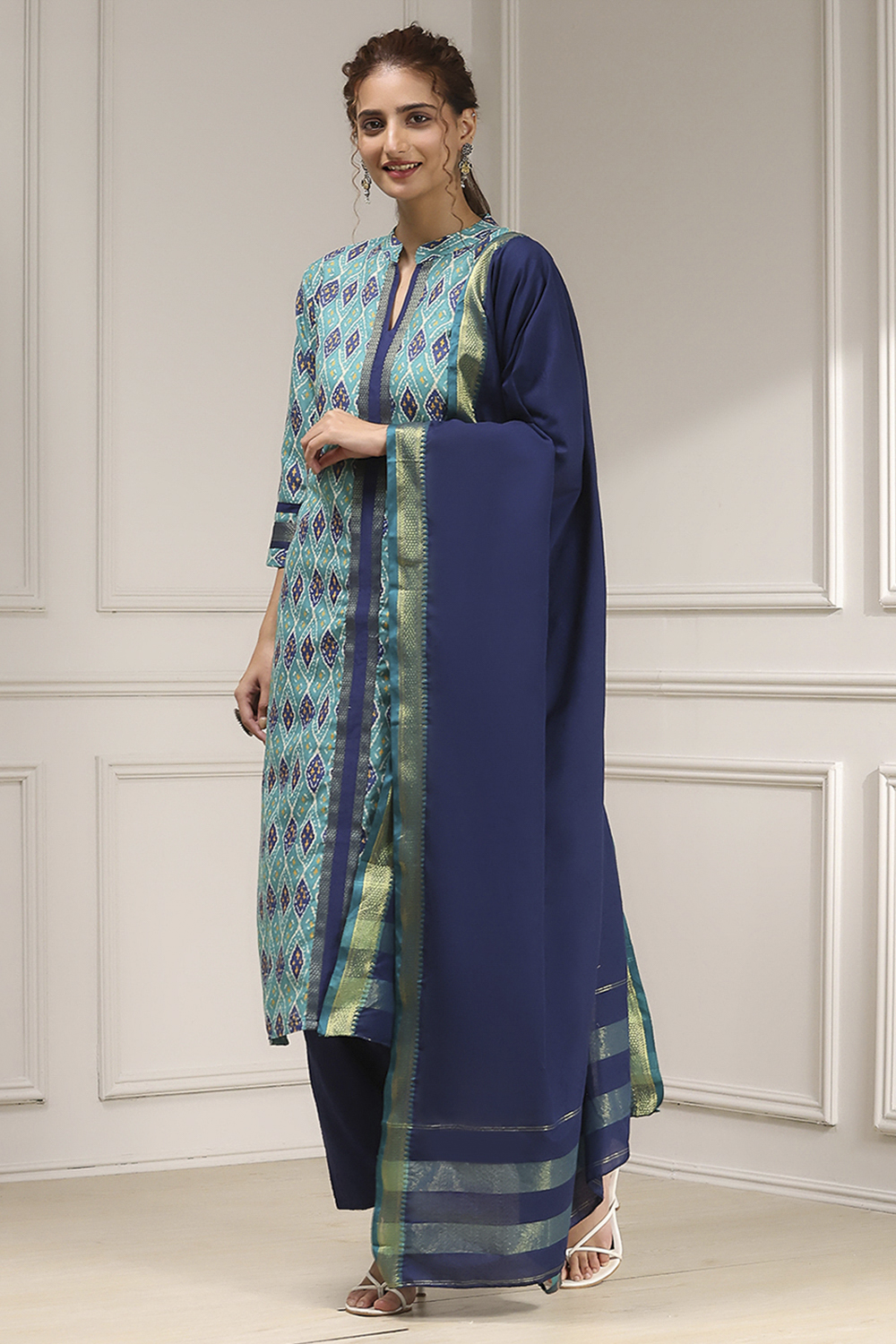 Blue Cotton Modal Digital Print Unstitched Suit Set image number 4