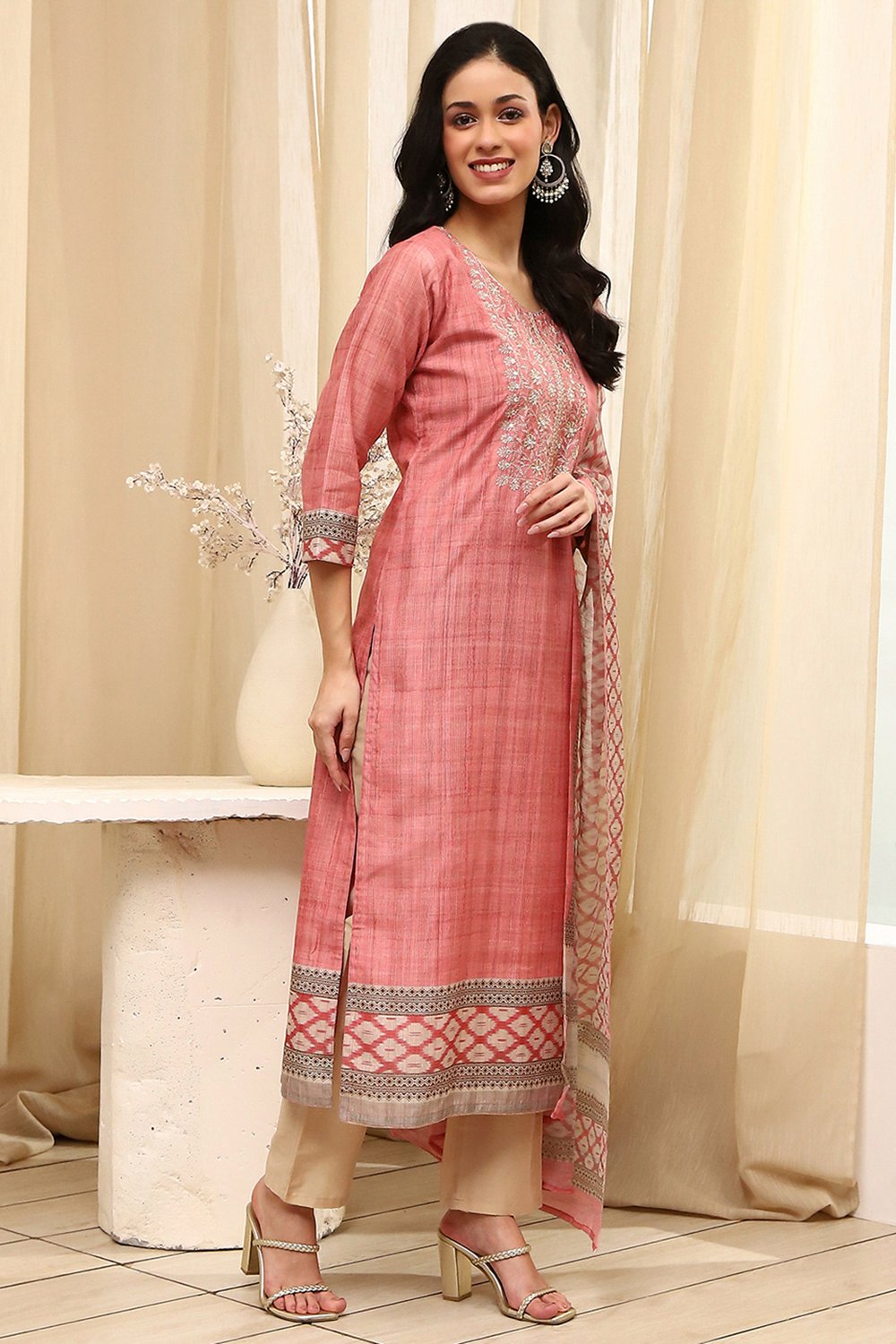 Pink Cotton Machine-Embroidered Unstitched Suit Set image number 5