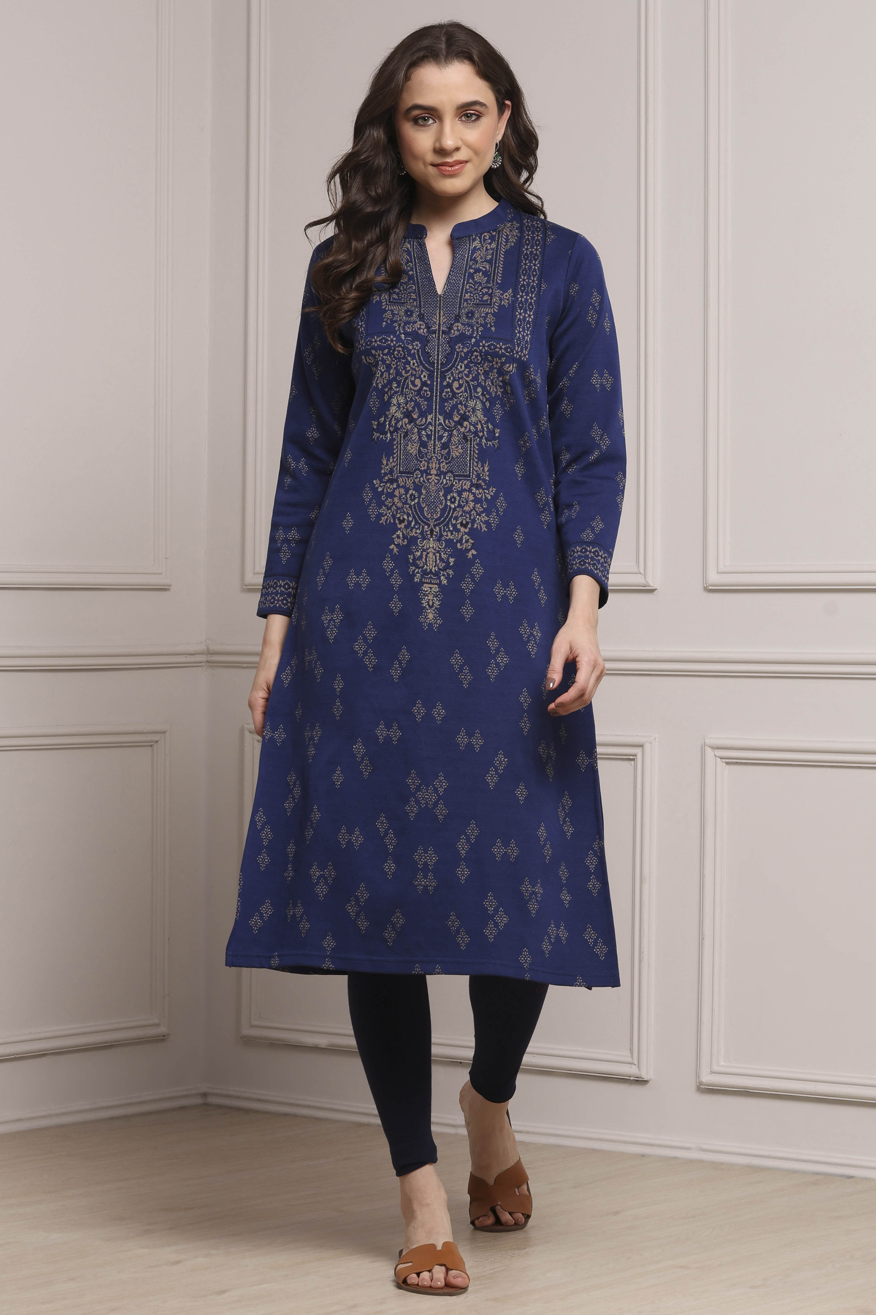 Navy Blue Yarn-Dyed Printed Straight Winter Kurta image number 0