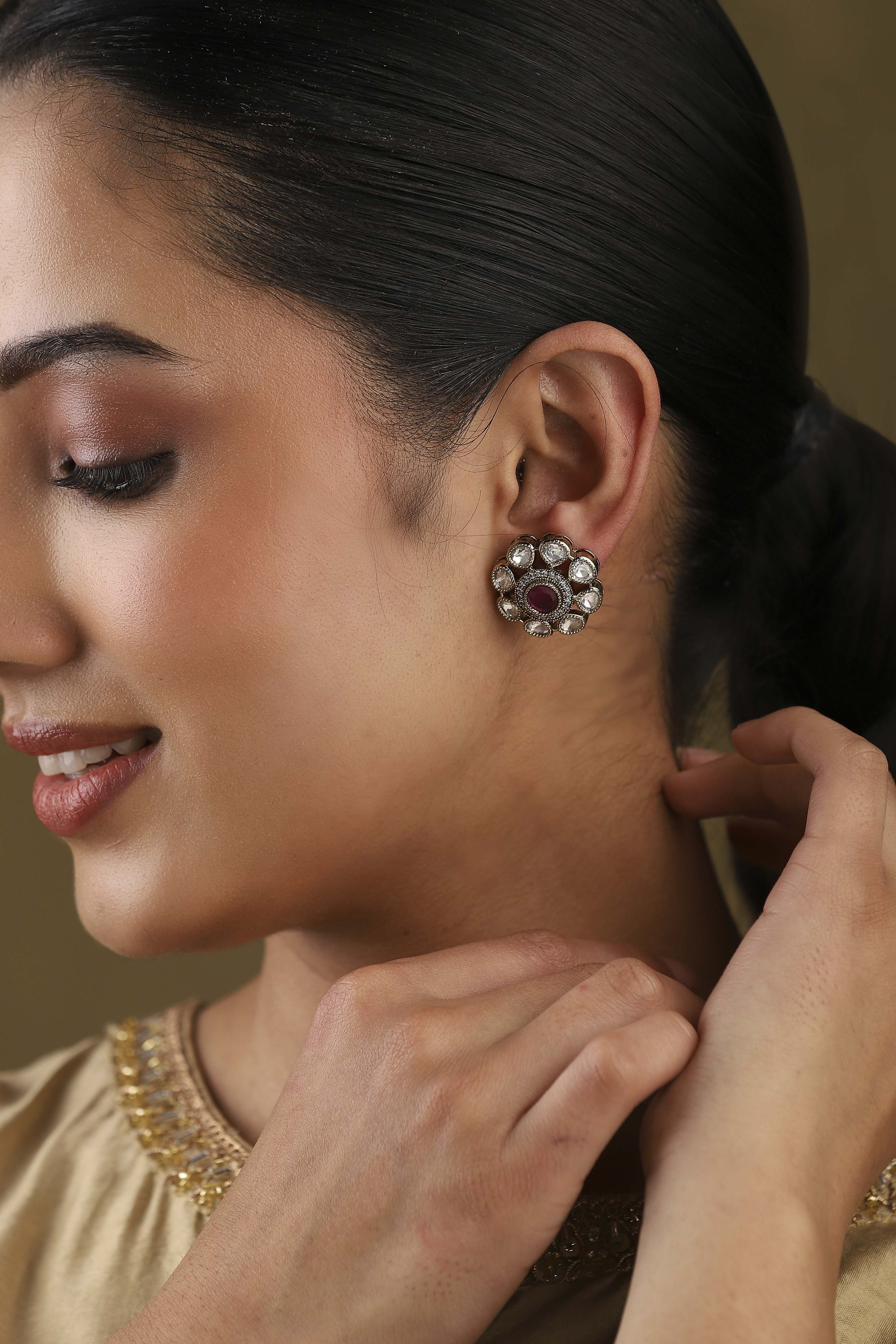 Pink Gold Plated Brass Floral Stud Earrings image number 1