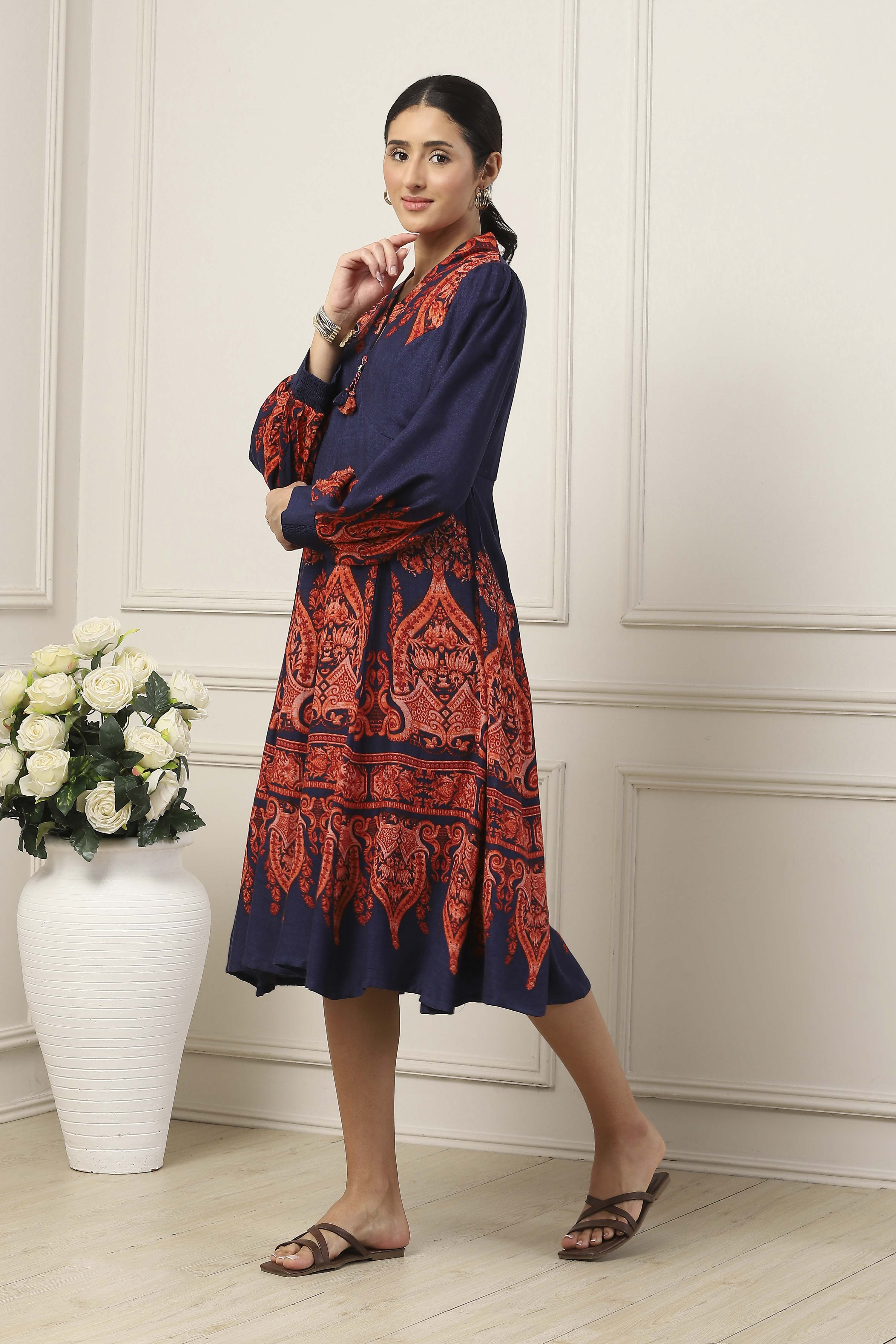 Navy Blue Viscose Rayon Ethnic Motif Printed Flared Dress image number 2
