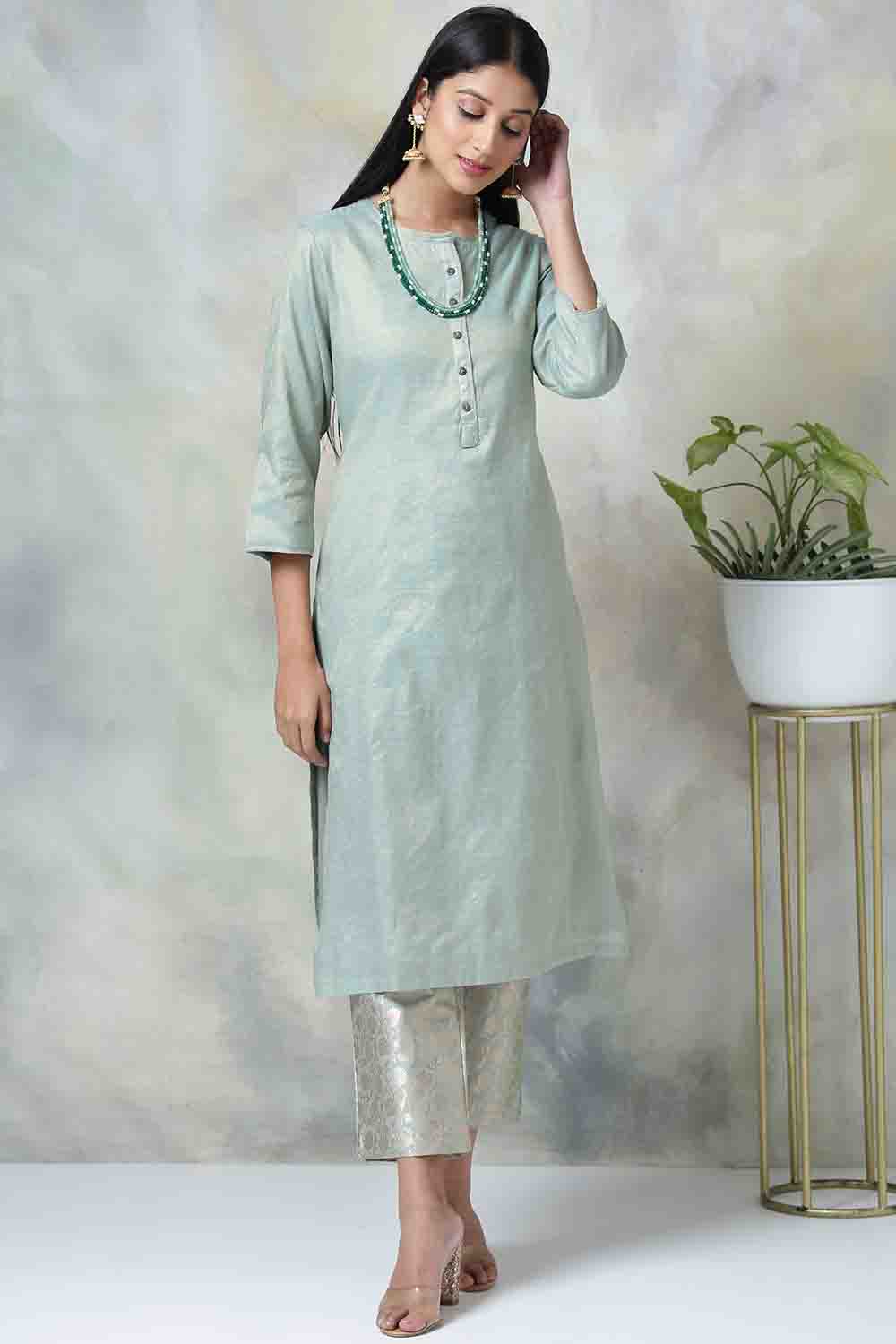 Brown Metallic Cotton Straight Kurta Pants Set image number 0