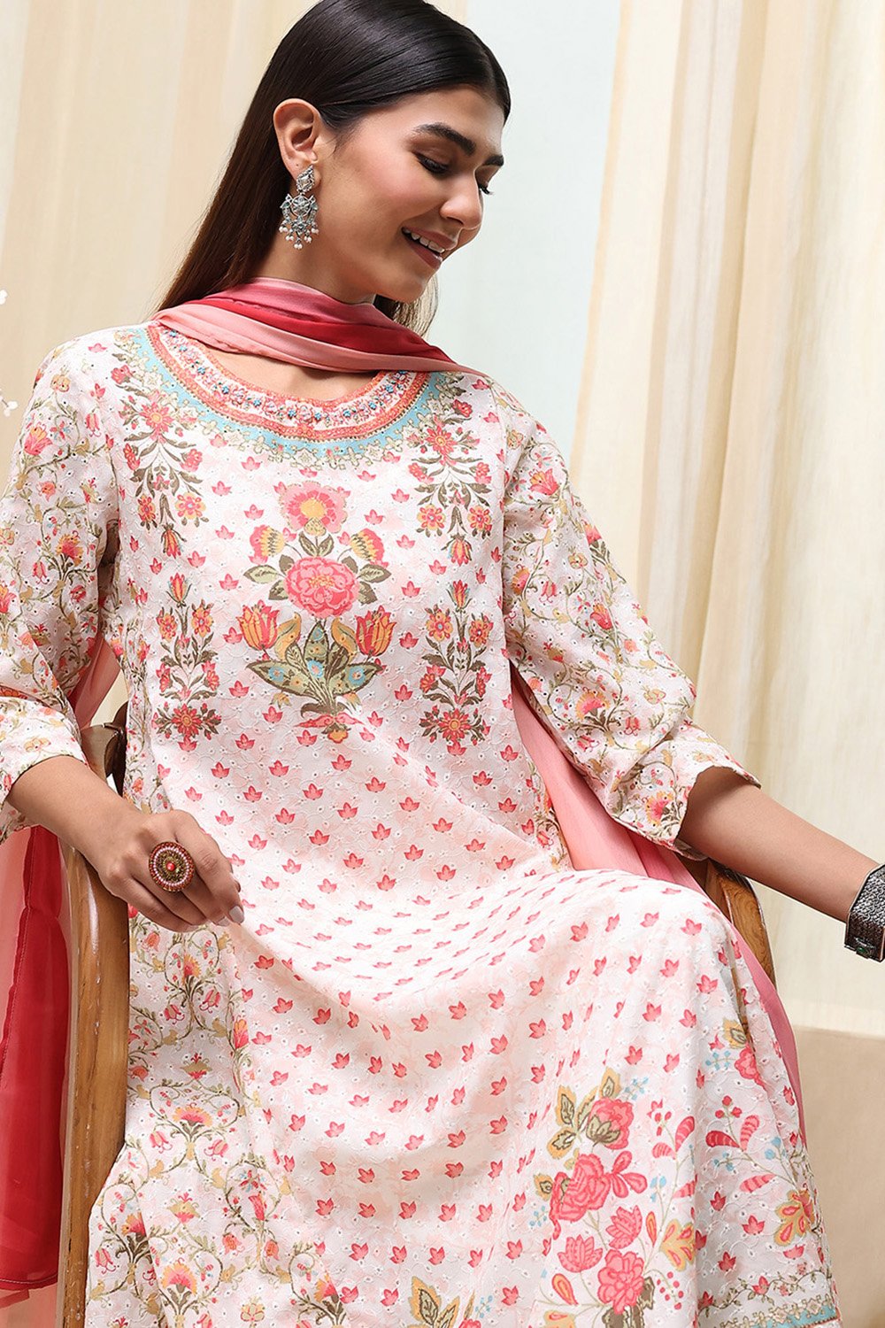 Off-White and Blue Cotton Floral Kalidar Suit Set image number 8