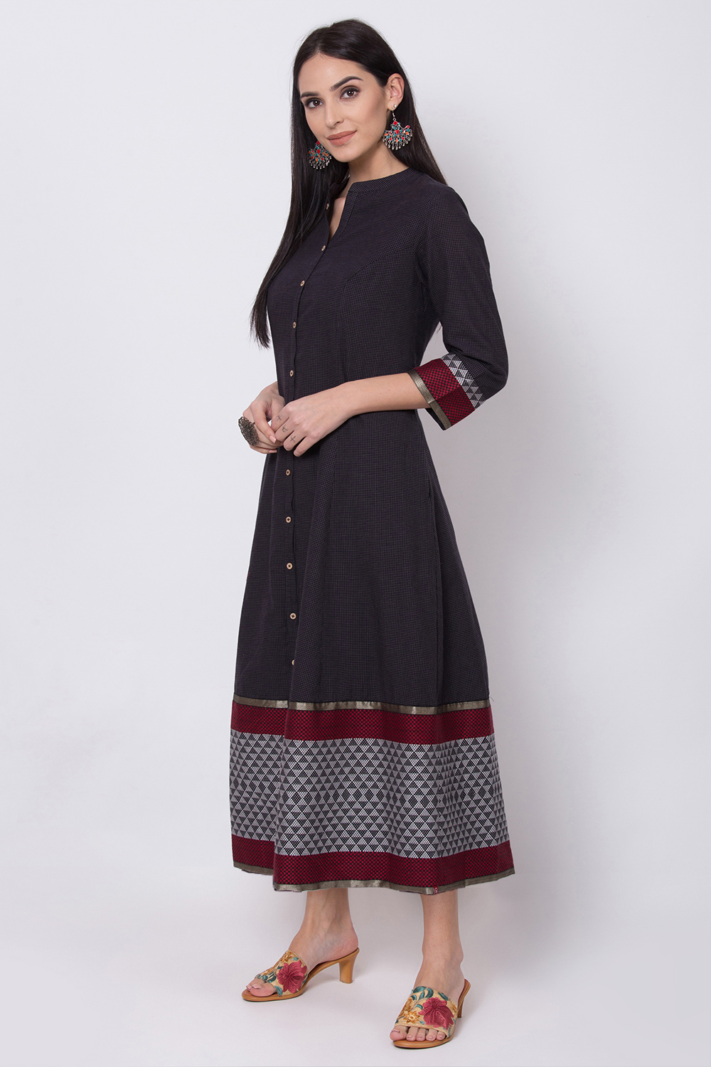 Black Cotton Flared Fusion Wear Dress image number 2