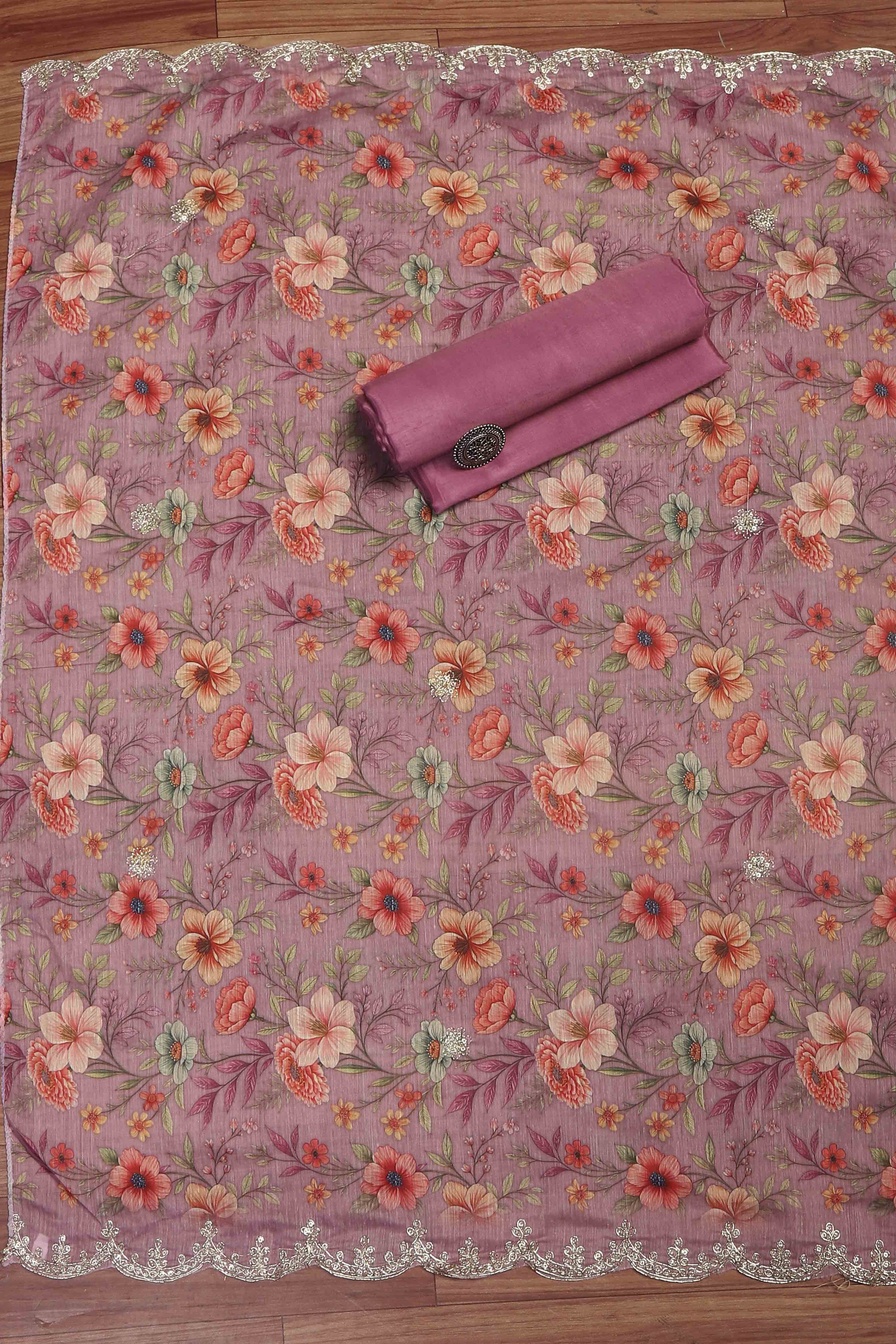 Teal Chanderi Unstitched Suit Set image number 3