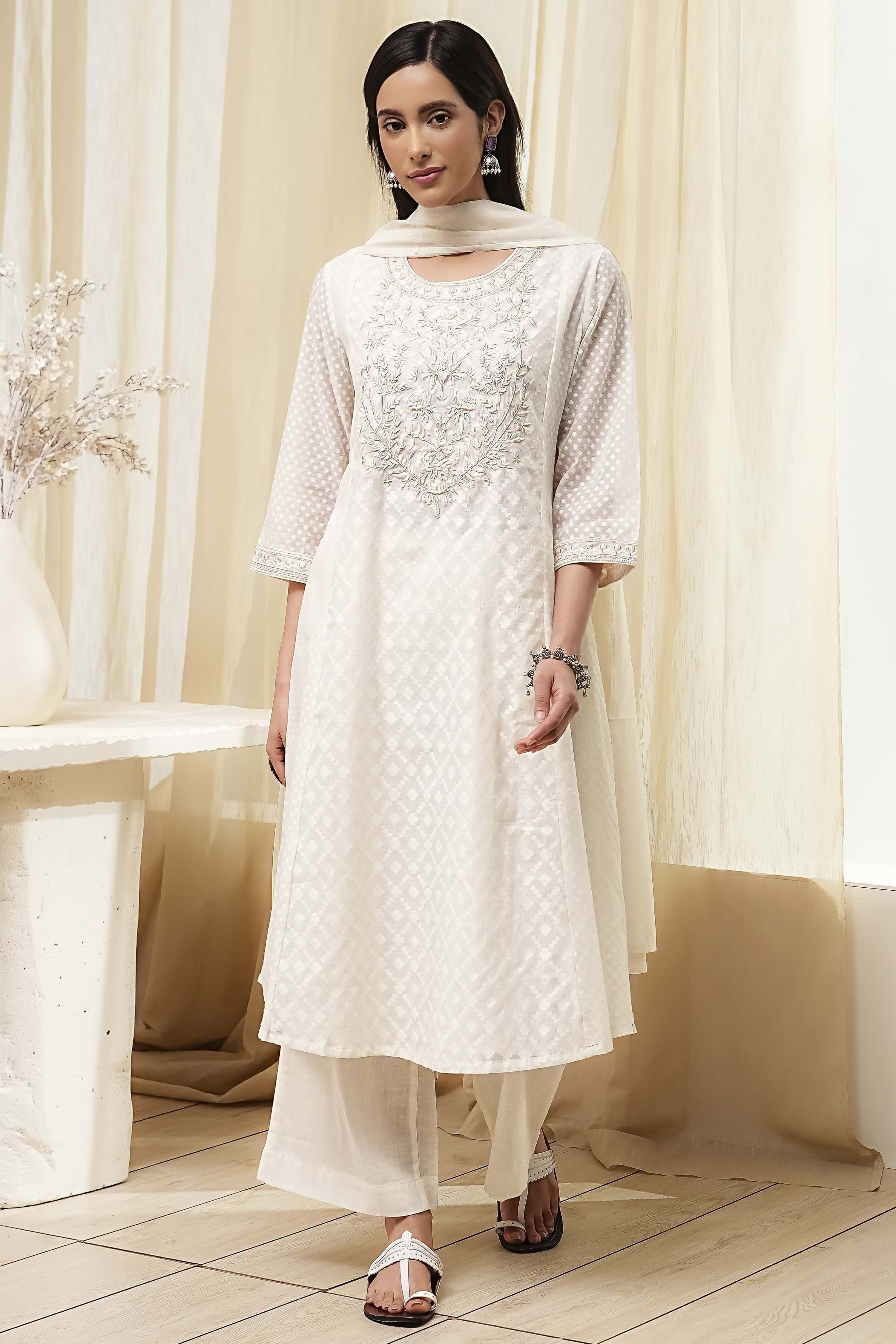 Off-White Embroidered Kalidar Suit Set image number 6