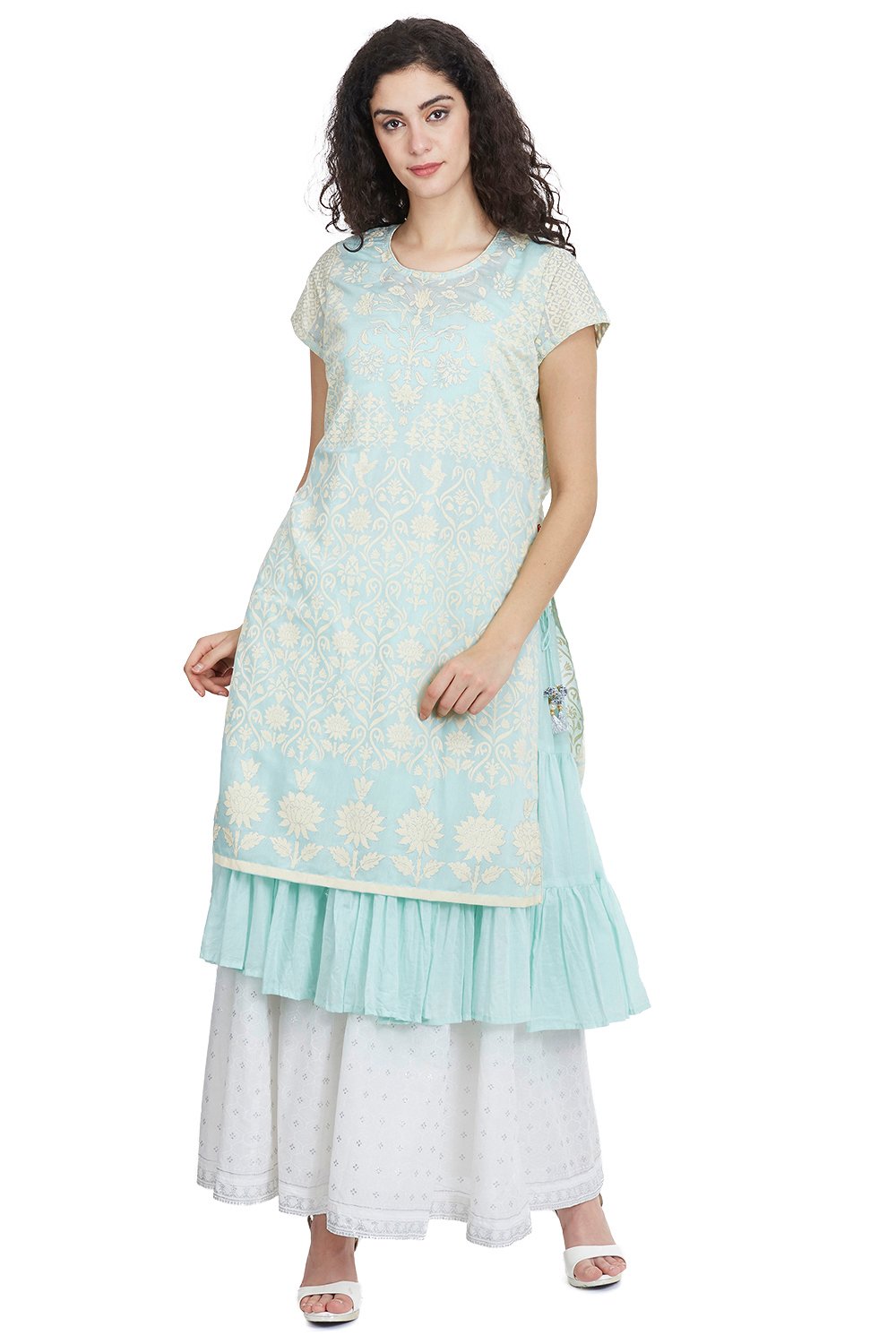 Yellow Flared Art Silk Printed Kurta image number 0