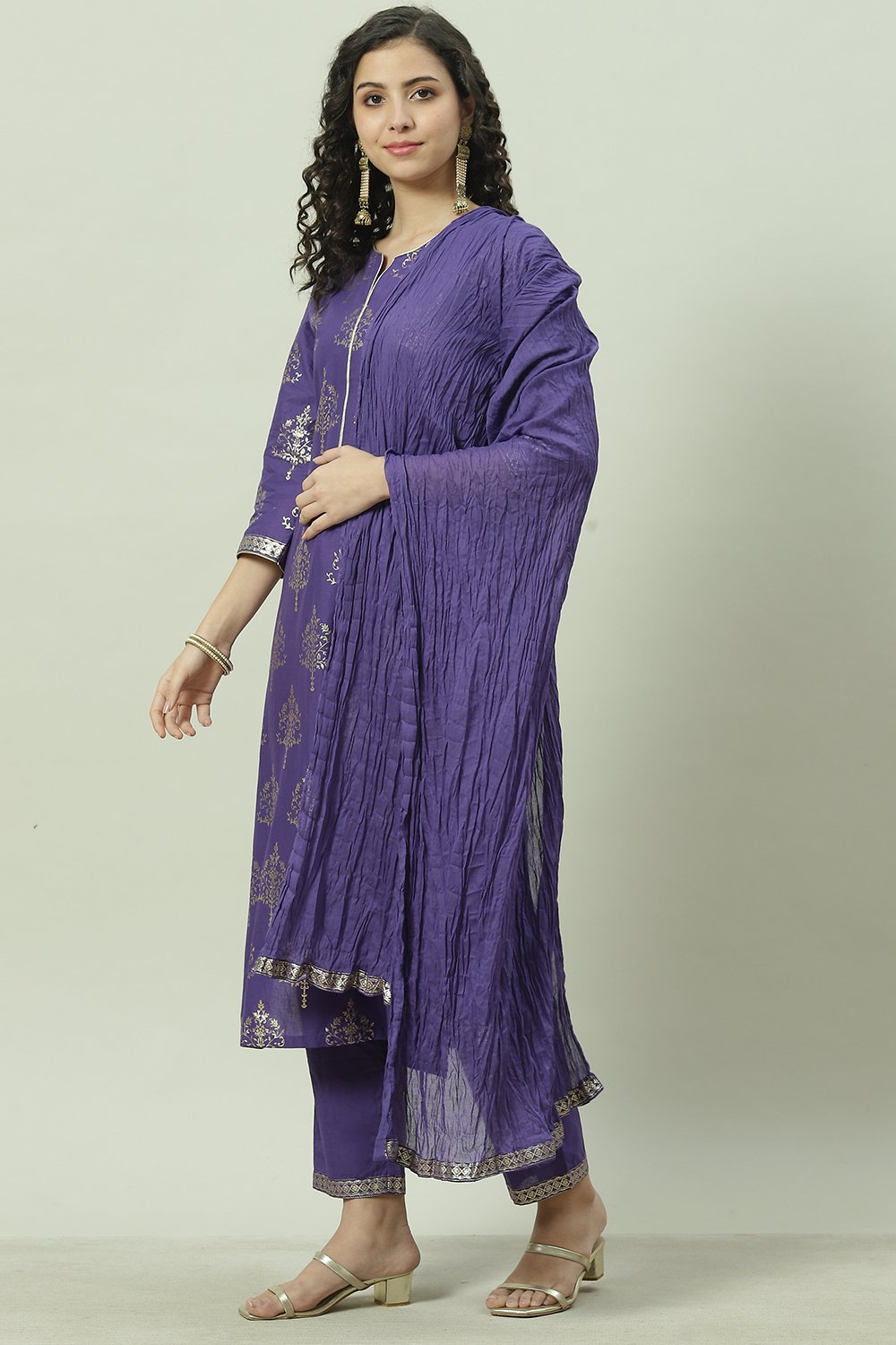 Magenta Floral Foil Printed Straight Suit Set image number 0