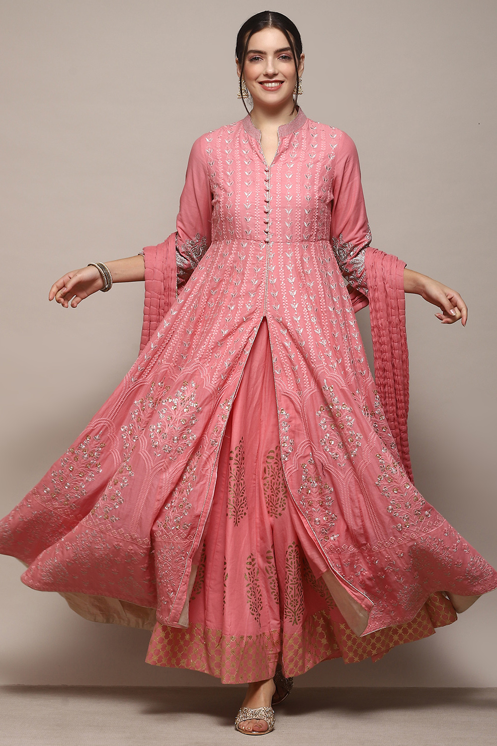 Aqua Blue Cotton Anarkali Kurta Lehenga Set image number 0