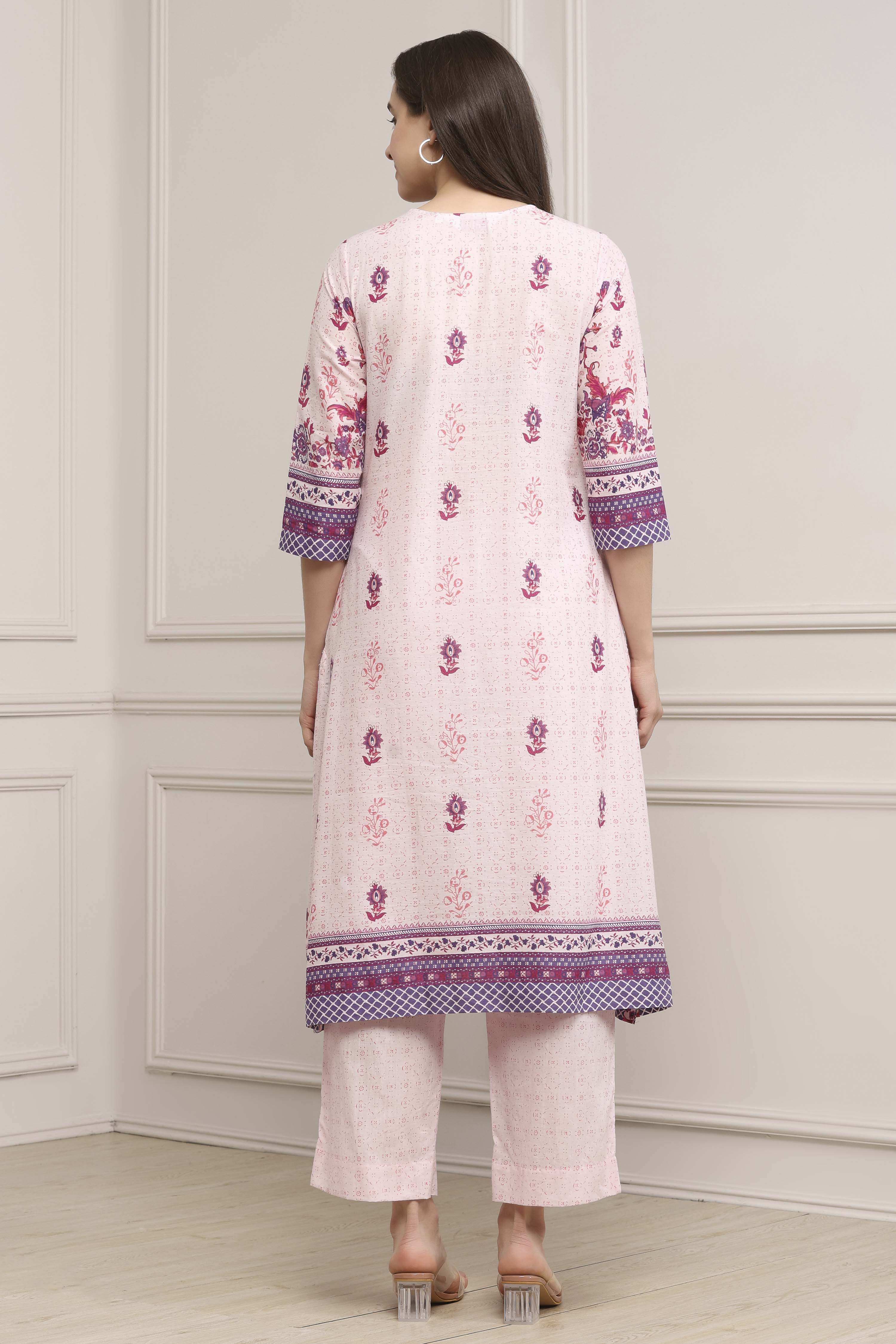 Off-White Cotton Floral Printed Straight Suit Set image number 4