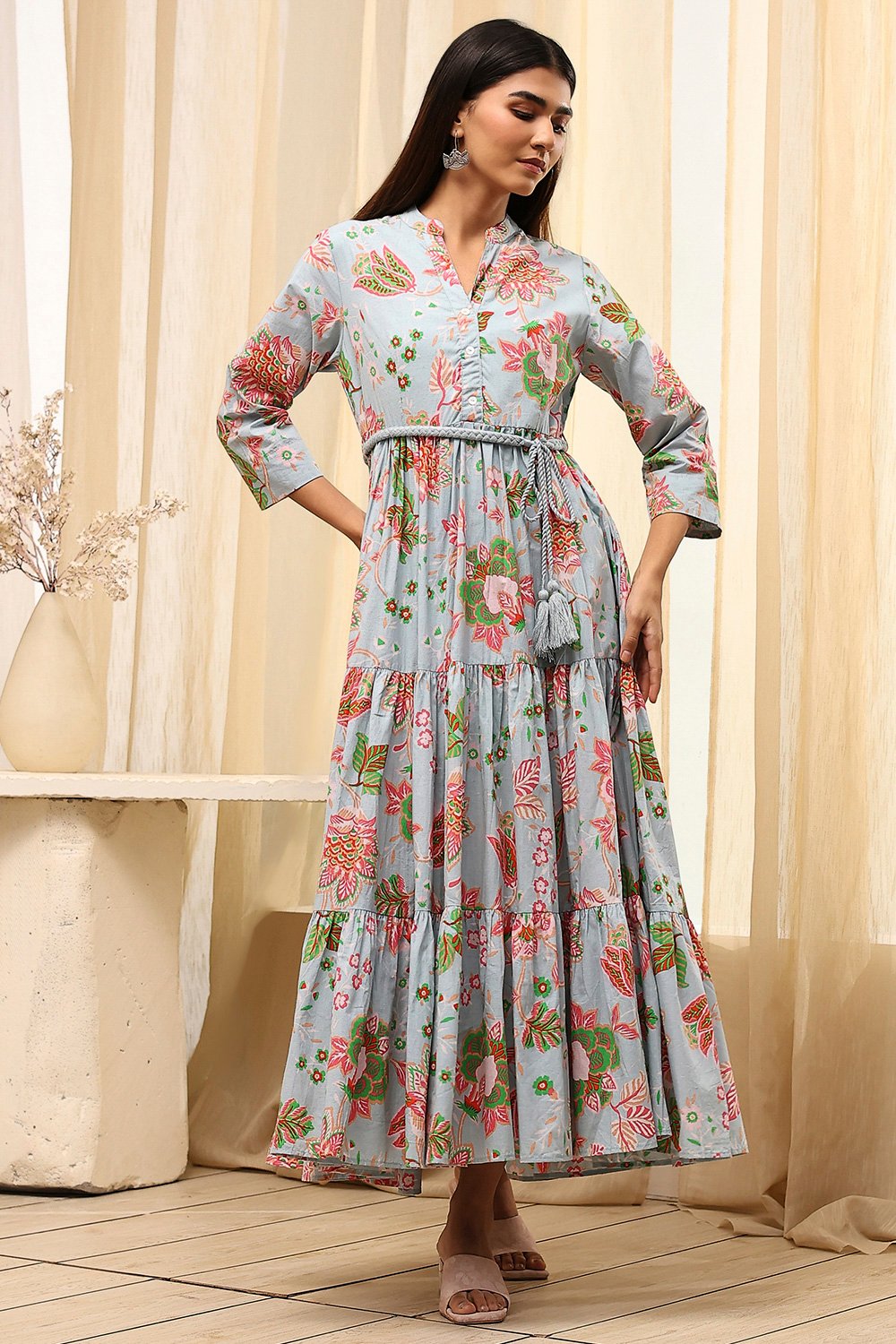Earthy Blue Cotton Floral Tiered Dress image number 5