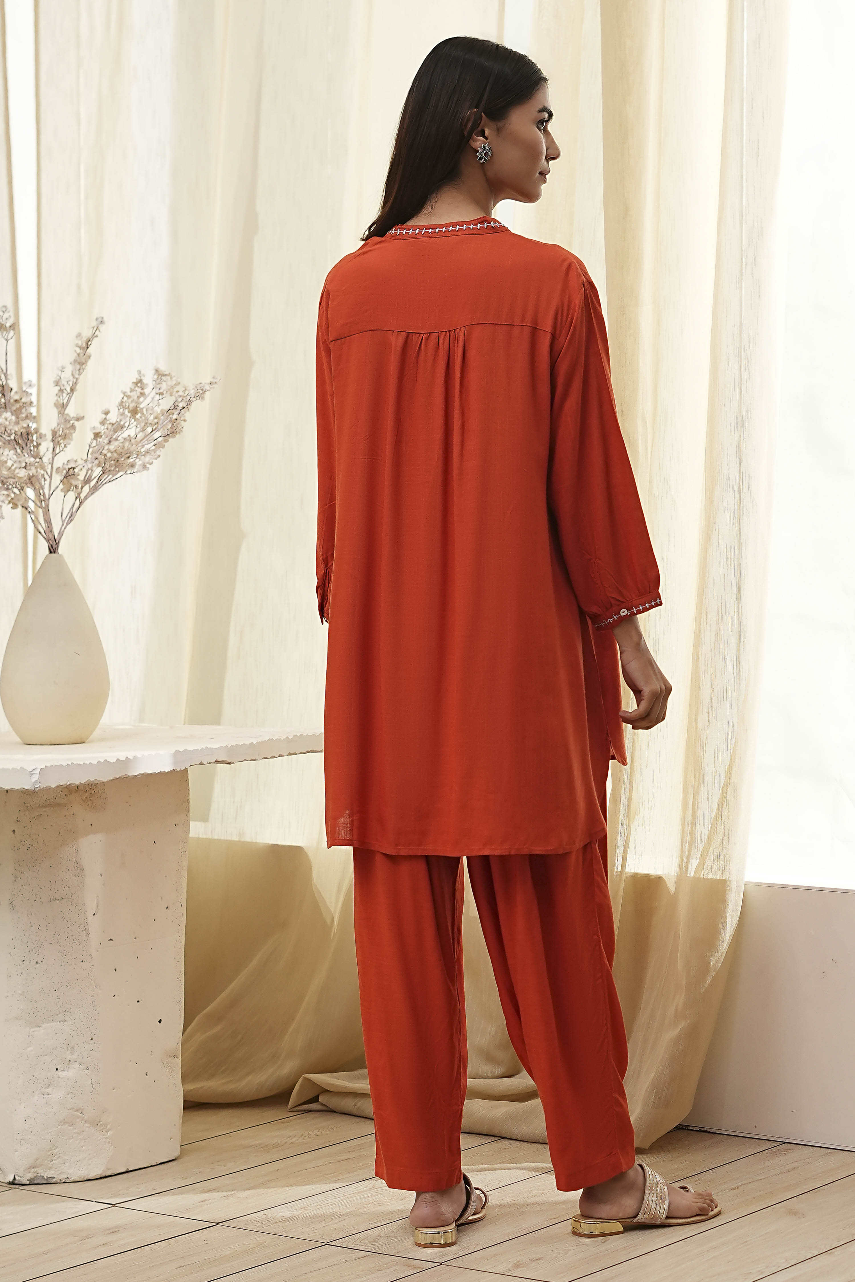 Burnt Orange Straight Solid Co-ord Set image number 4