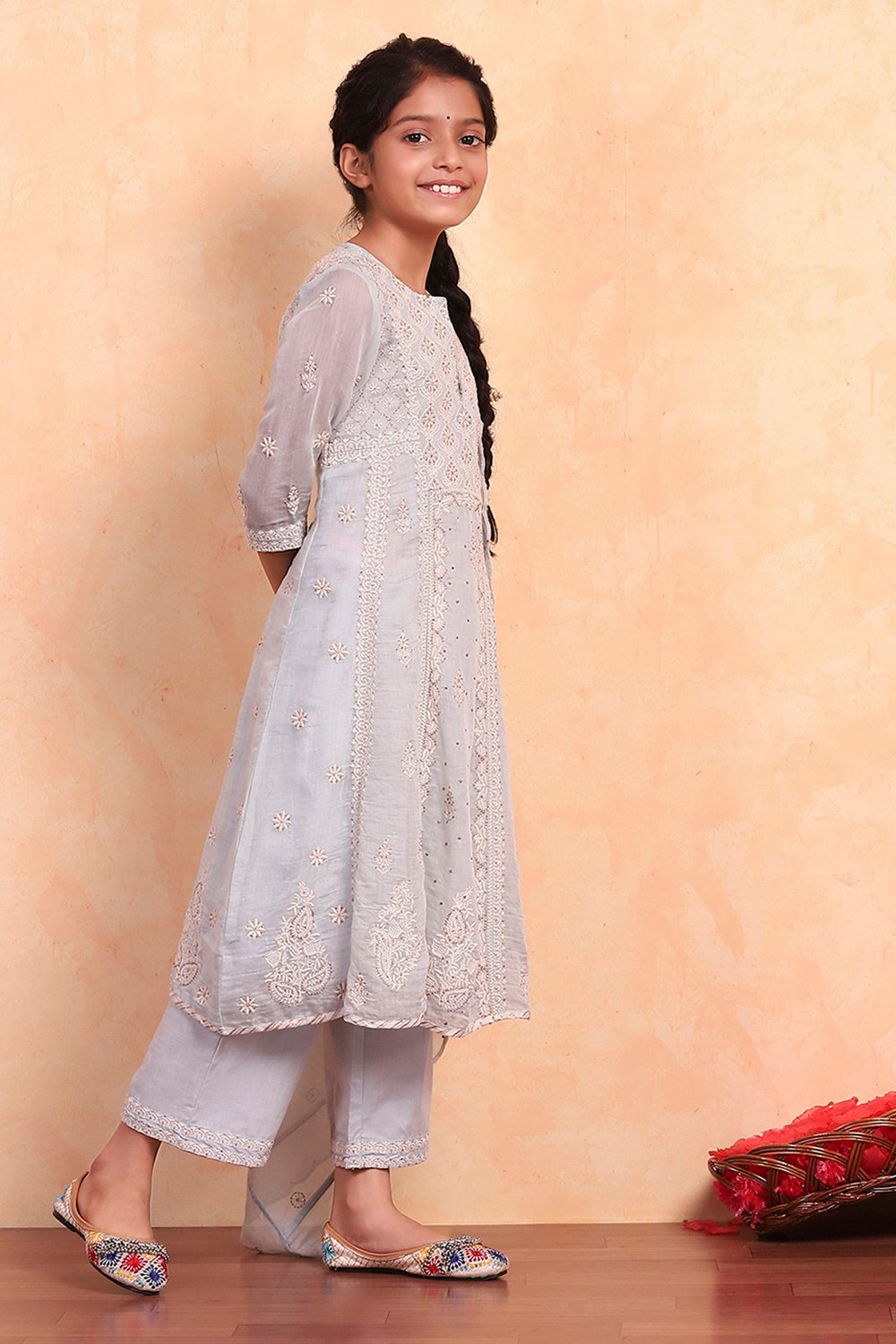 Powder Blue Silk Chanderi Flared Suit Set image number 5