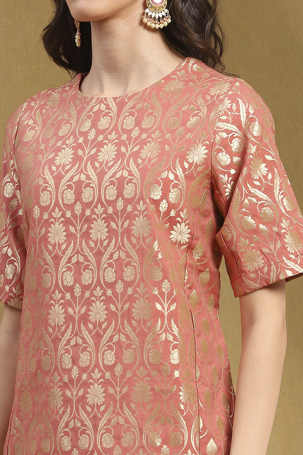 Peach-Toned Jacquard Floral Yarn-Dyed Straight Kurta Set image number 1