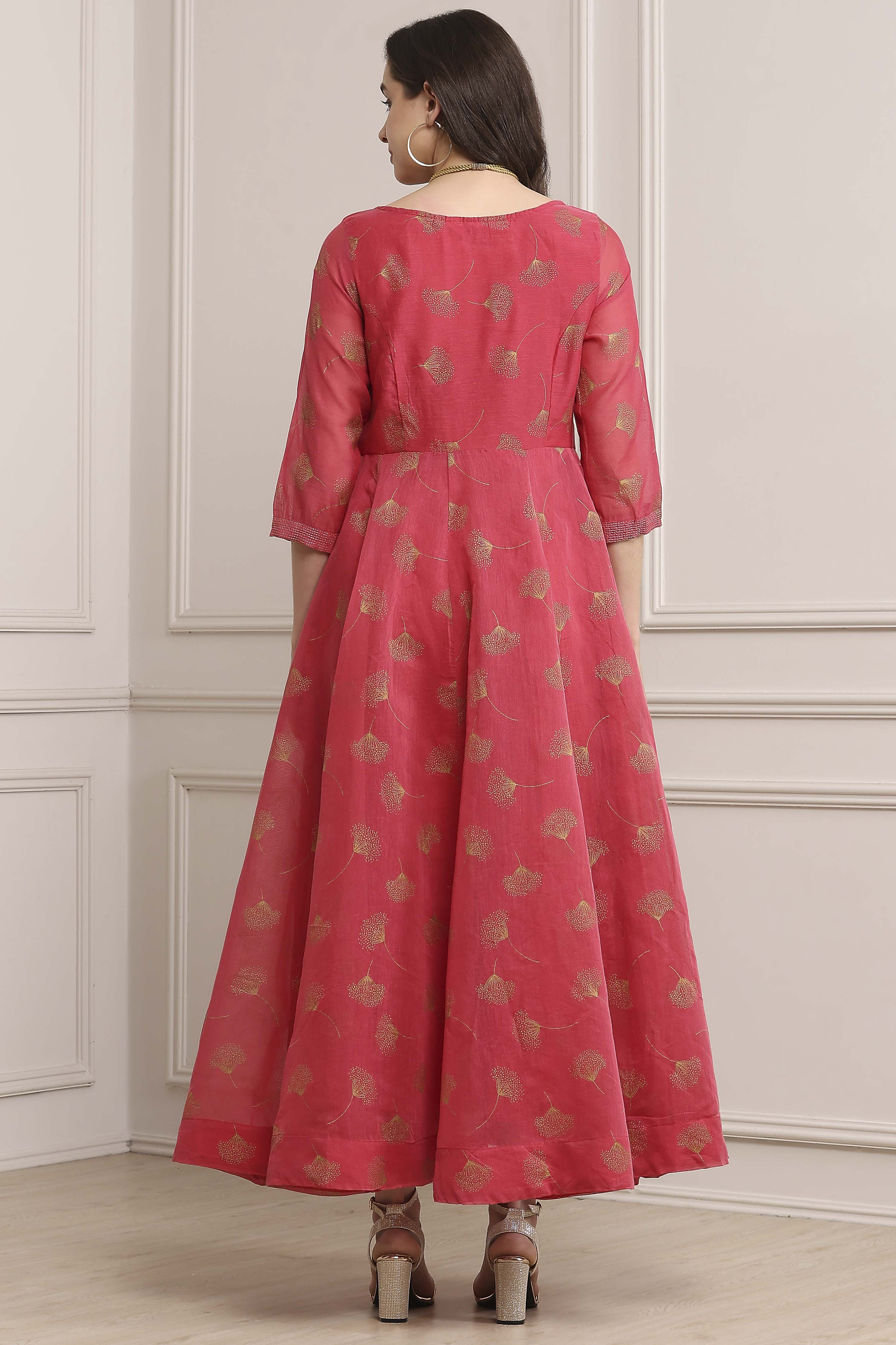 Pink Cotton Blend Flared Printed Dress image number 3