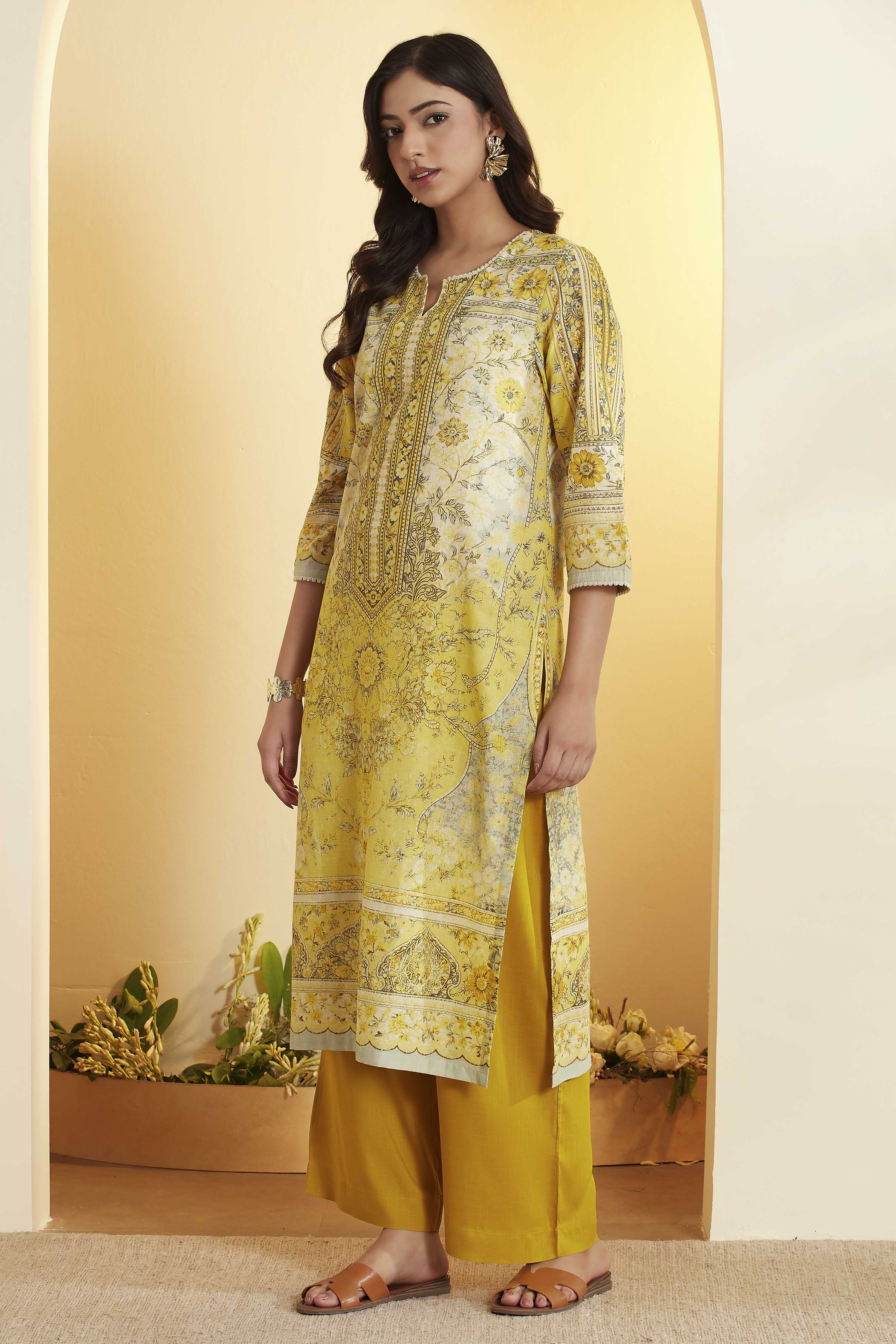 Lime Cotton Straight Kurta image number 2