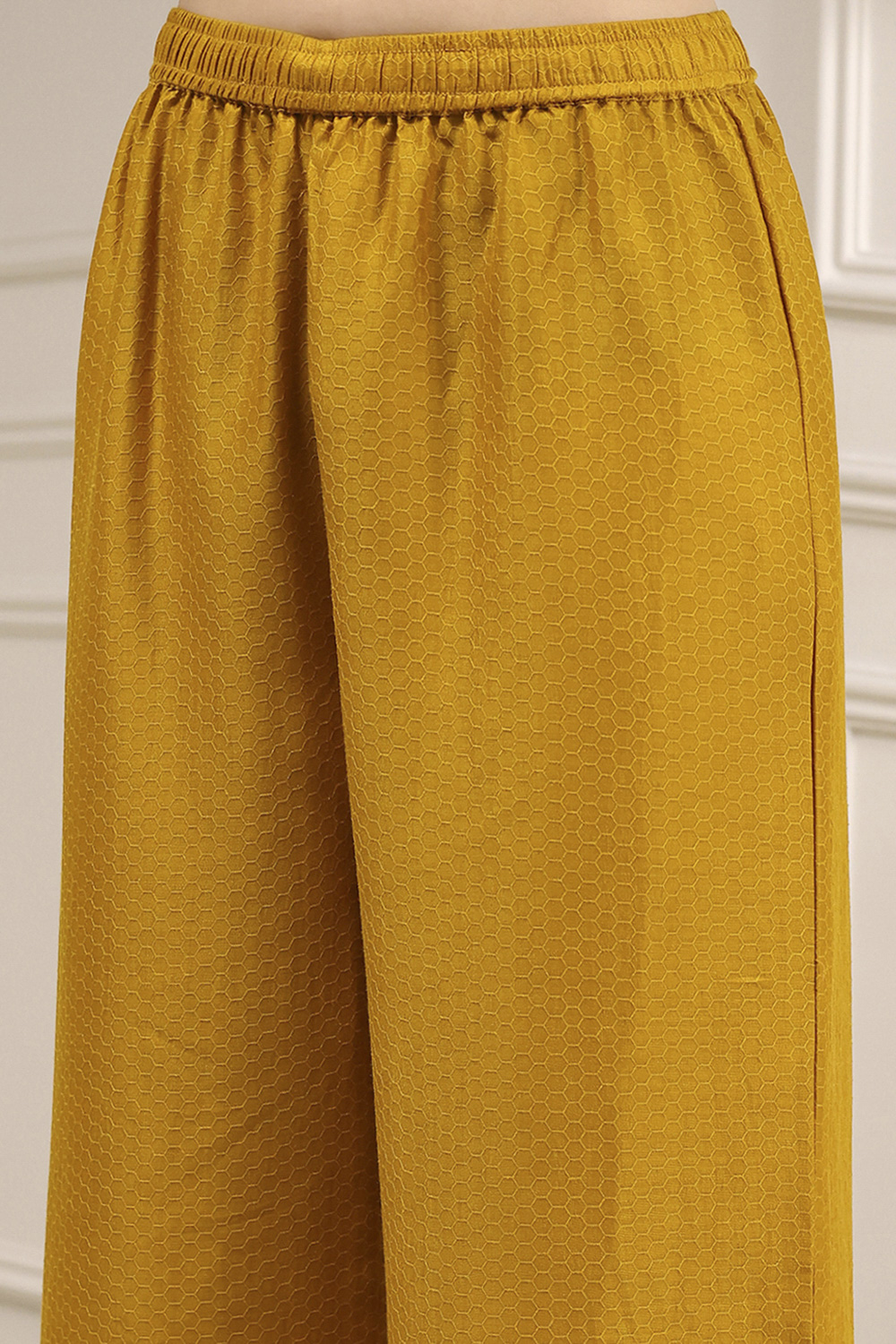 Ochre Yellow Polyester A-Line Dyed Kurta Pants Set image number 2