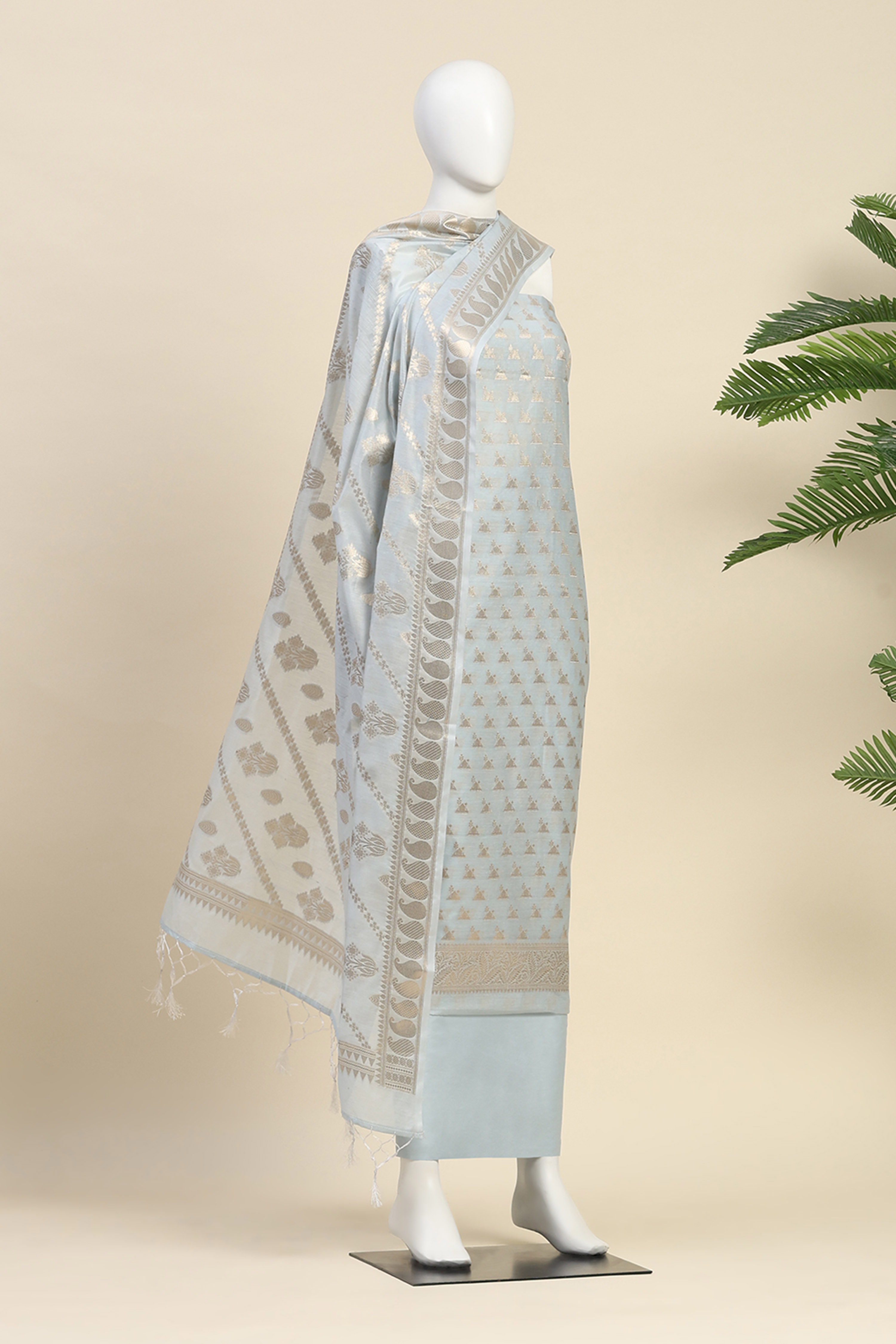 Blue Poly Silk Banarasi Unstitched Suit Set image number 4