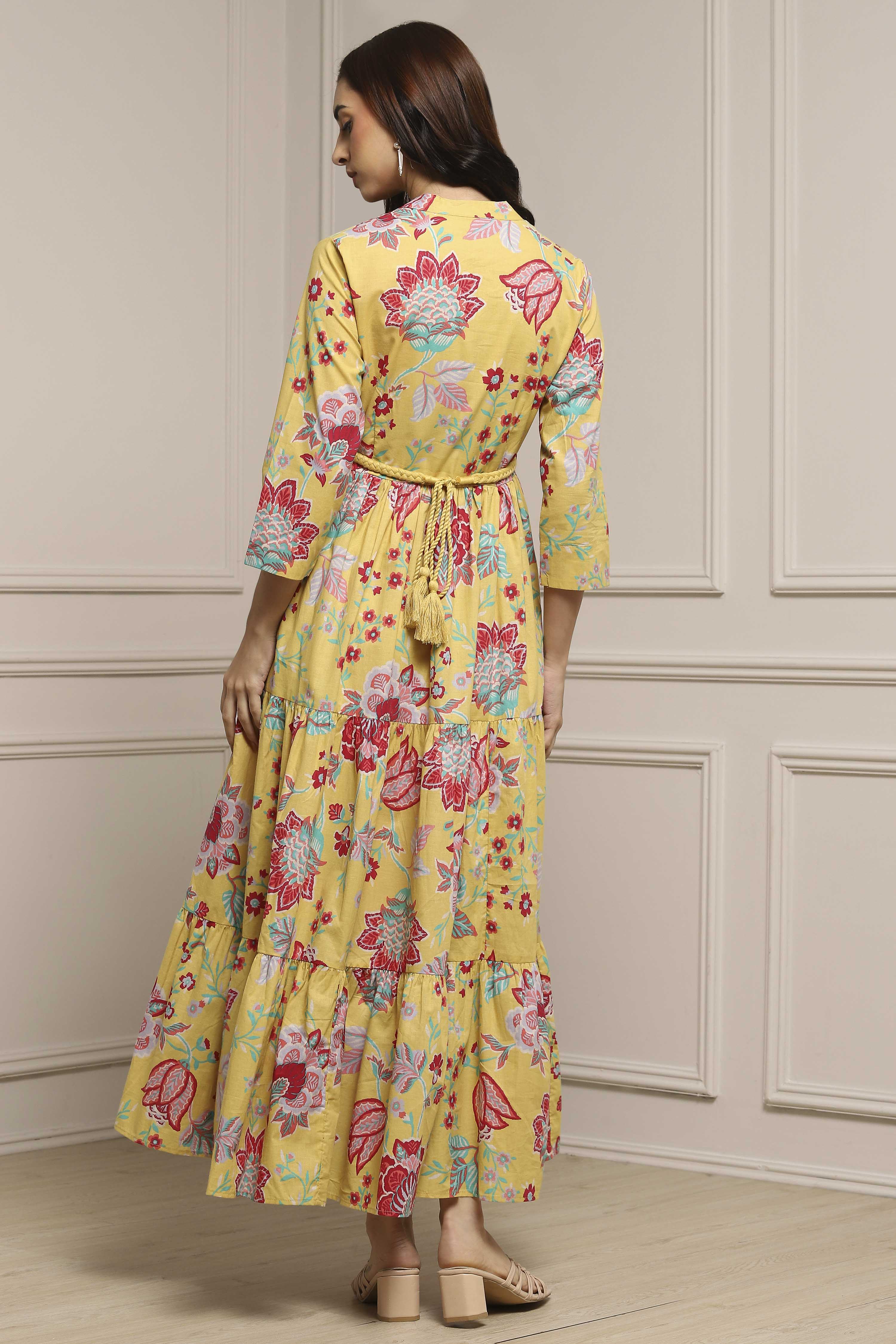 Earthy Blue Cotton Floral Tiered Dress image number 3