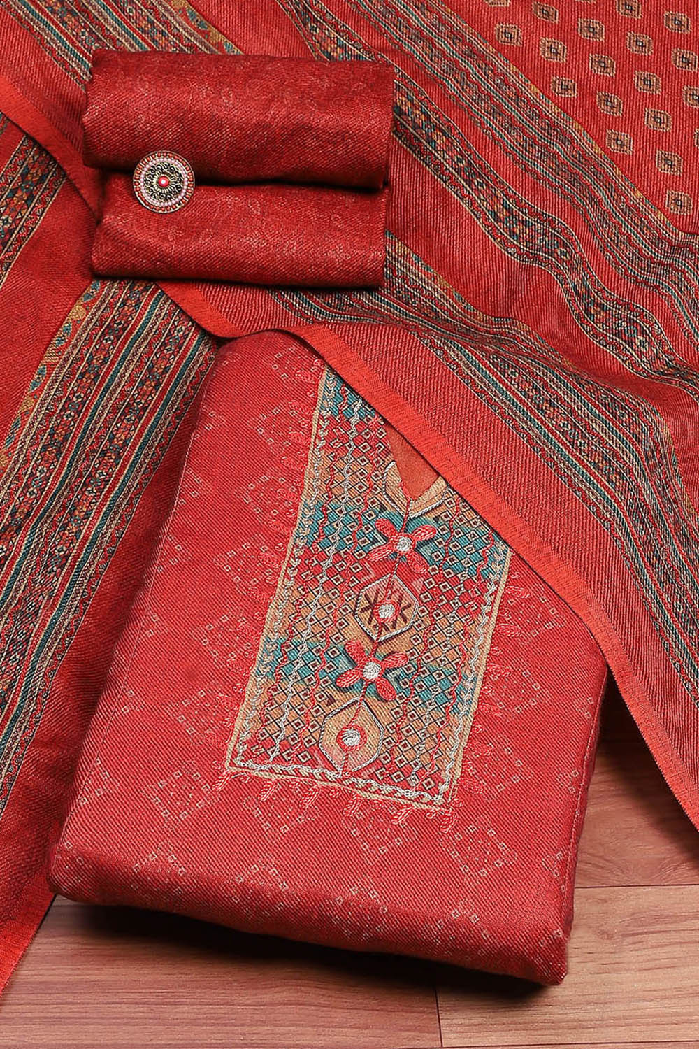Orange Pashmina Machine Embroidery Unstitched Suit Set image number 0