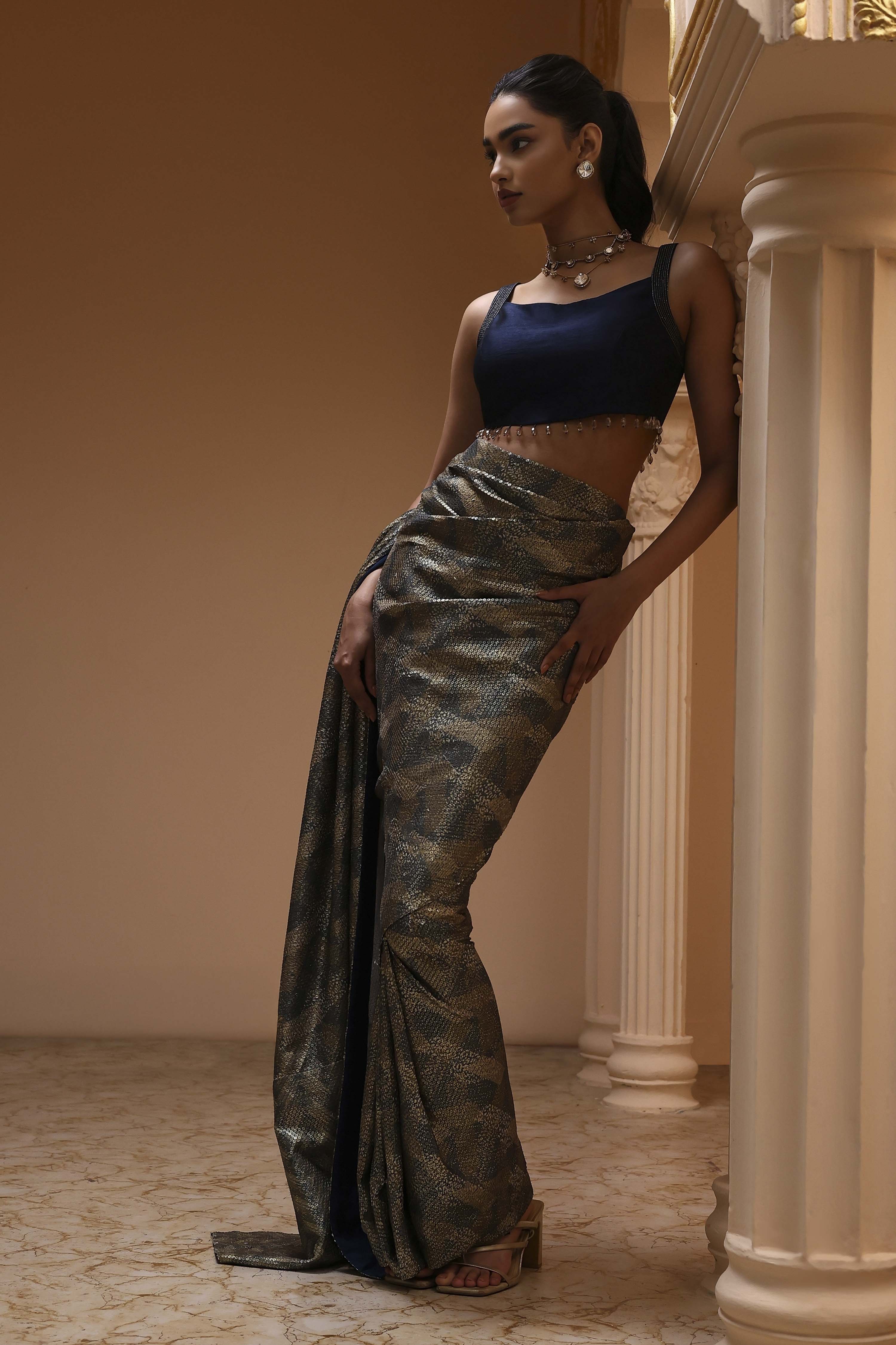 Navy Blue Georgette Digital Printed Sequence Pre-Draped Saree image number 2