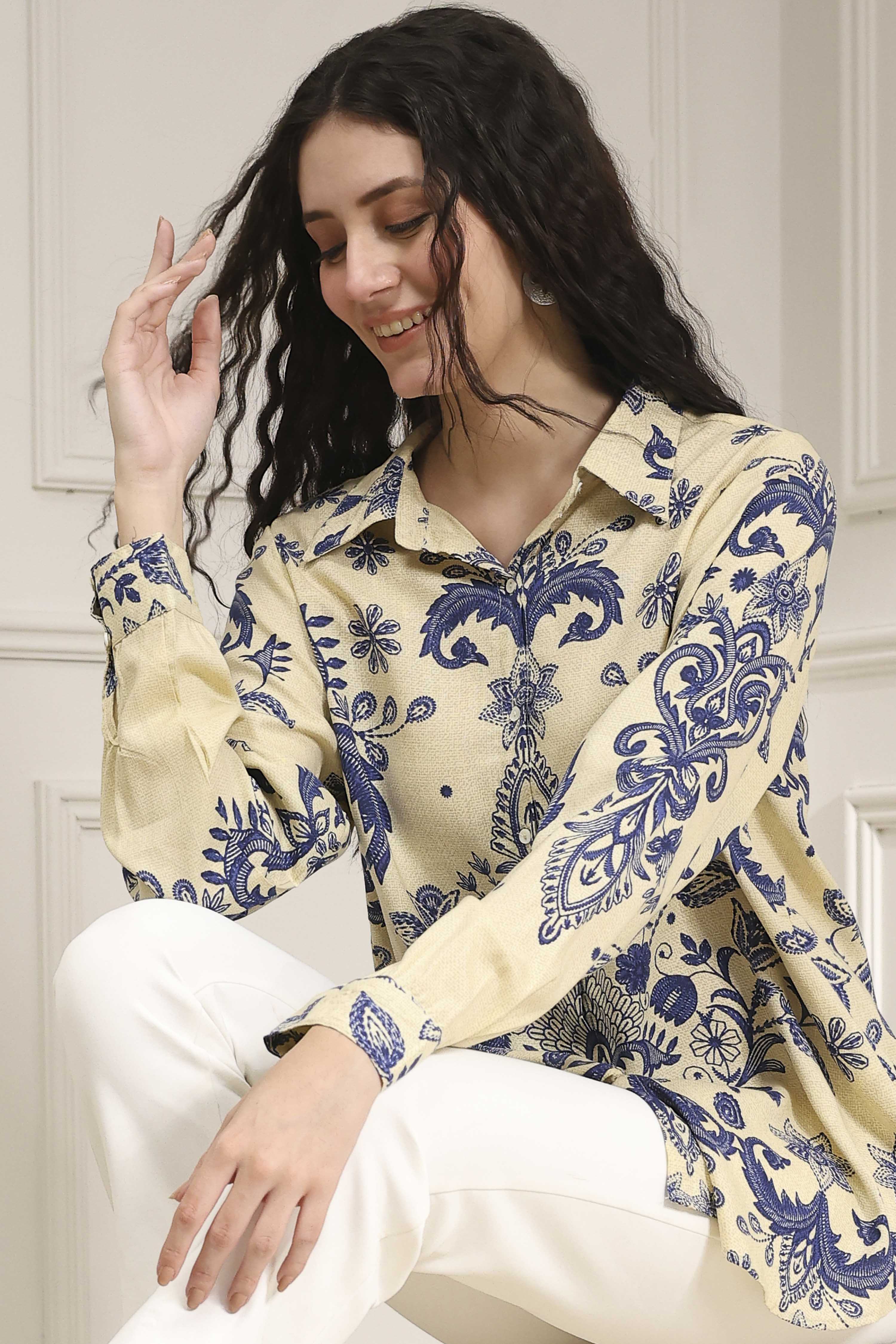 Off-White and Blue Printed Relaxed Fit Shirt image number 0