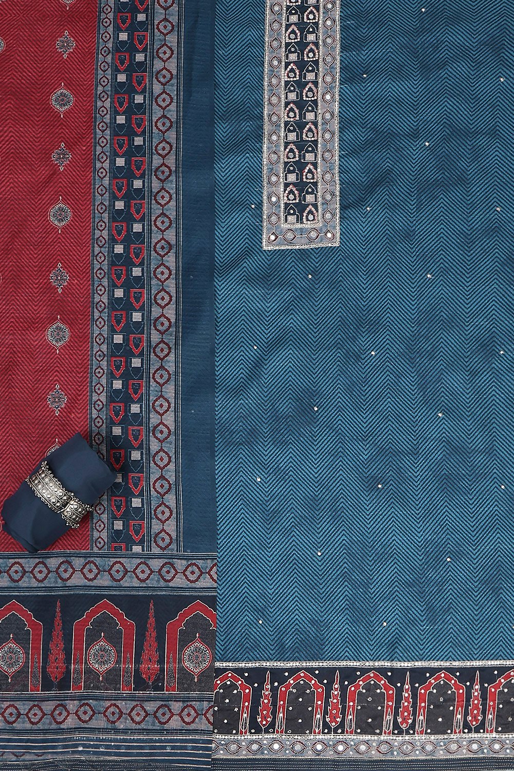 Blue Chanderi Printed Unstitched Suit Set image number 1