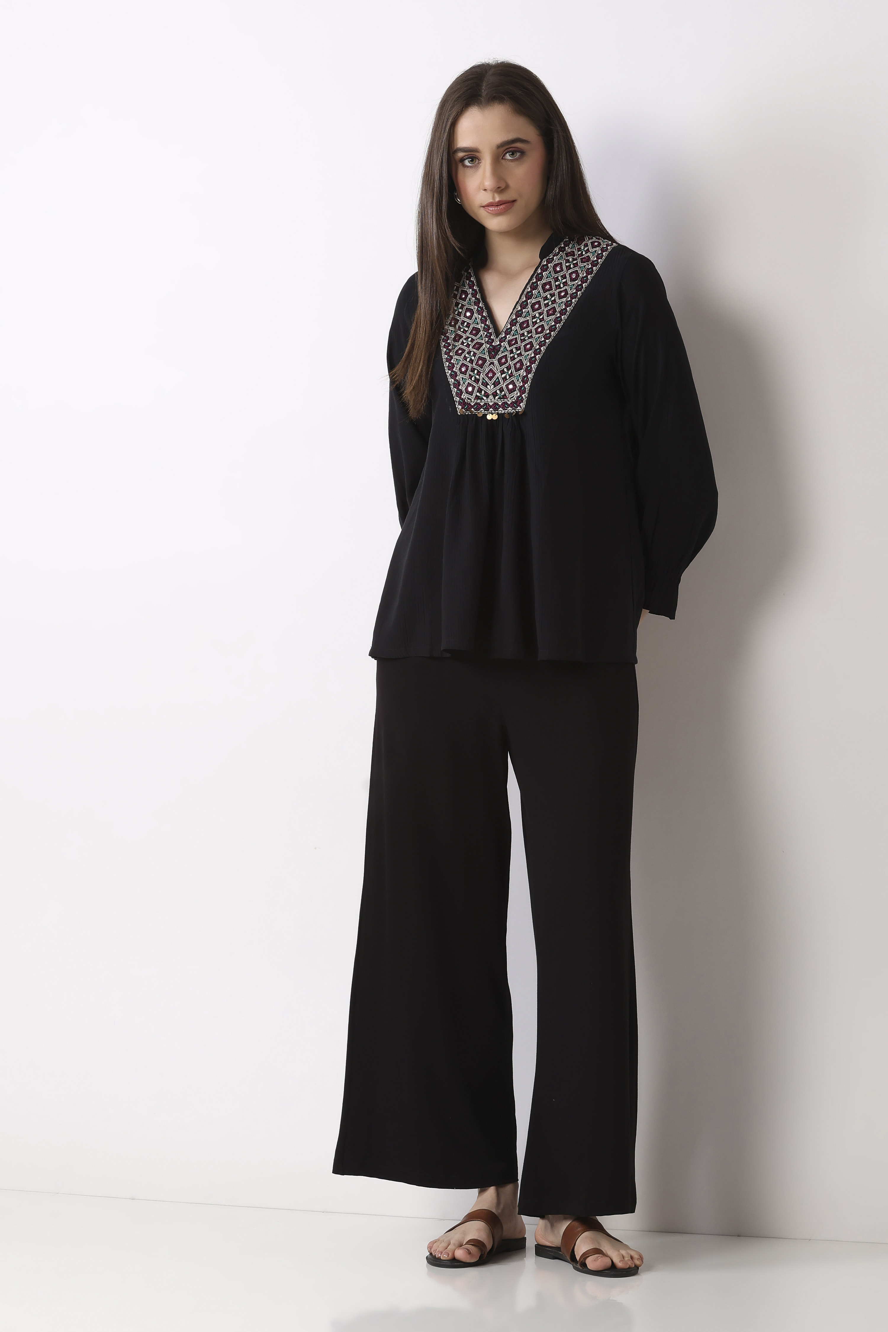 Black Viscose Lycra Relaxed Palazzos image number 0