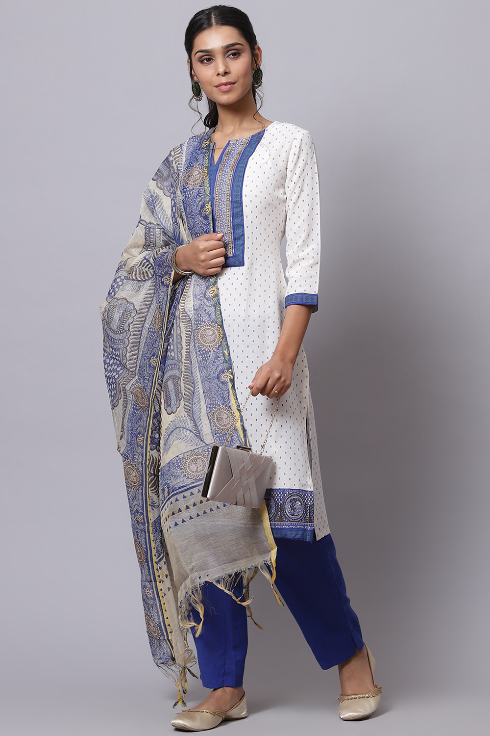 Blue Cotton Unstitched Dress Material Suit Set image number 3