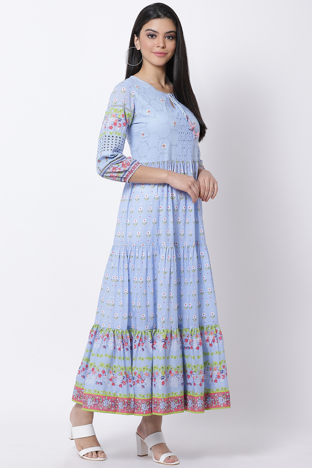 Cyan Blue Cotton Tiered Printed Dress image number 4