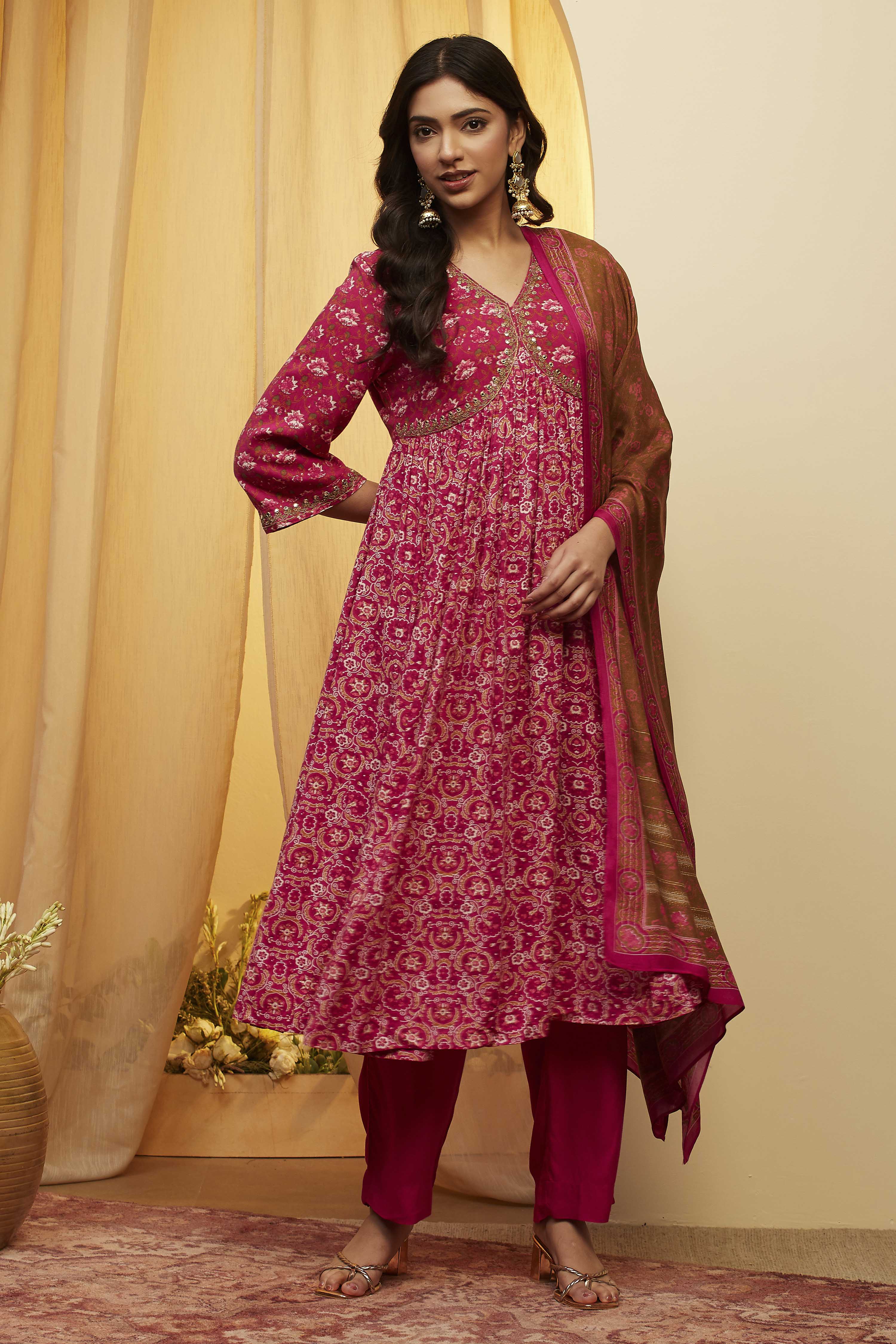 Blue Viscose Rayon Gathered Suit Set image number 5