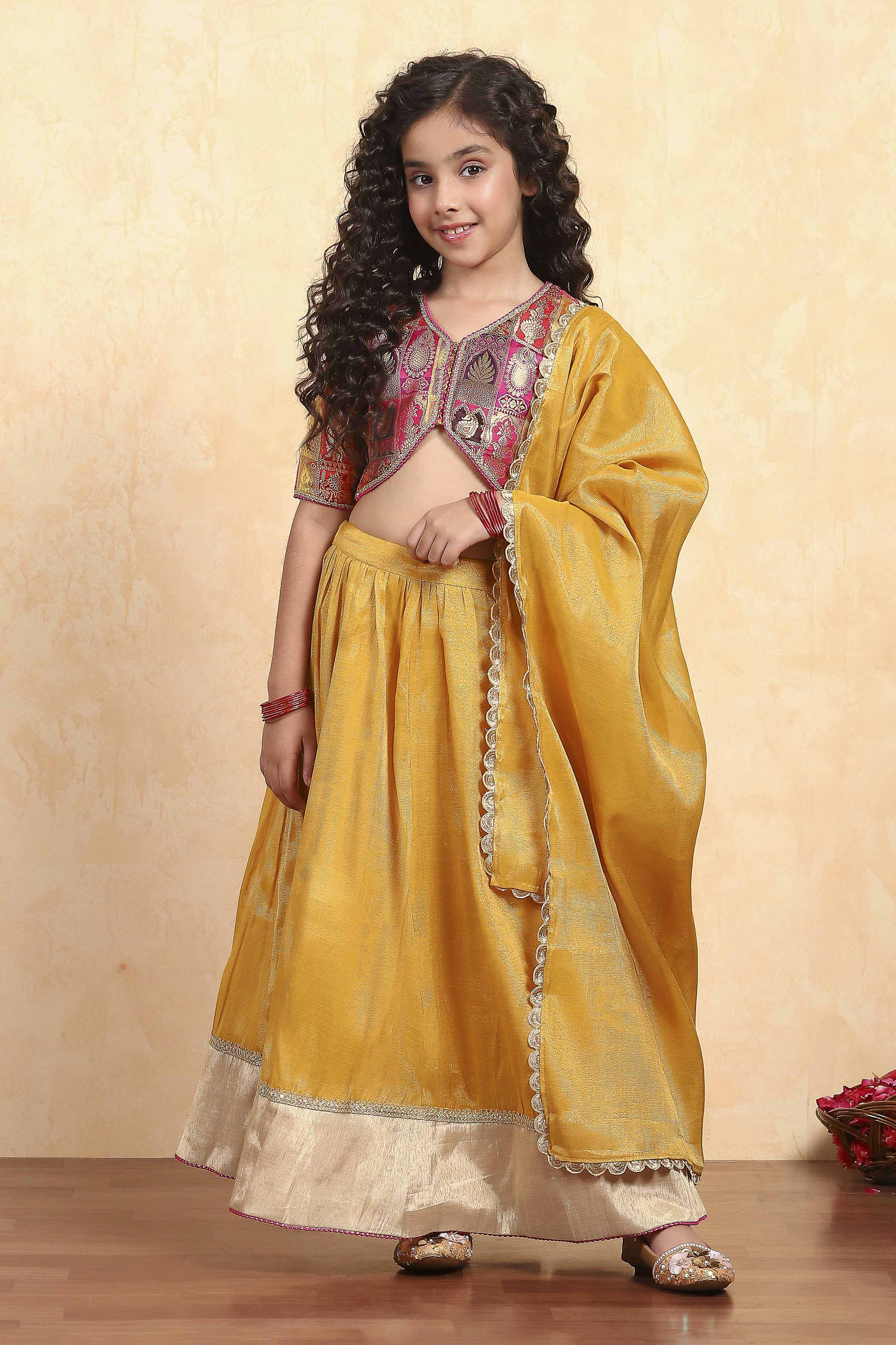 Mustard Yellow Polyester Gathered Lehenga Set image number 6