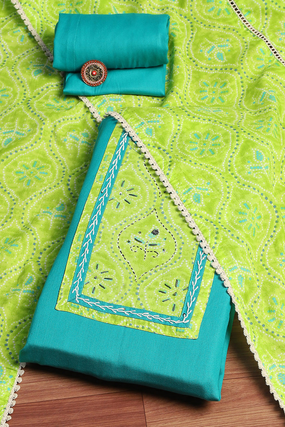 Turquoise Cotton Dyeing Unstitched Suit Set image number 0
