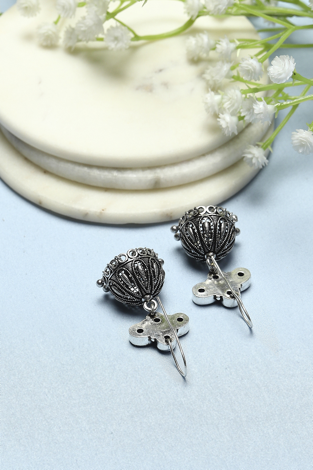 Blue Oxidised Stone Studded Jhumkas image number 2