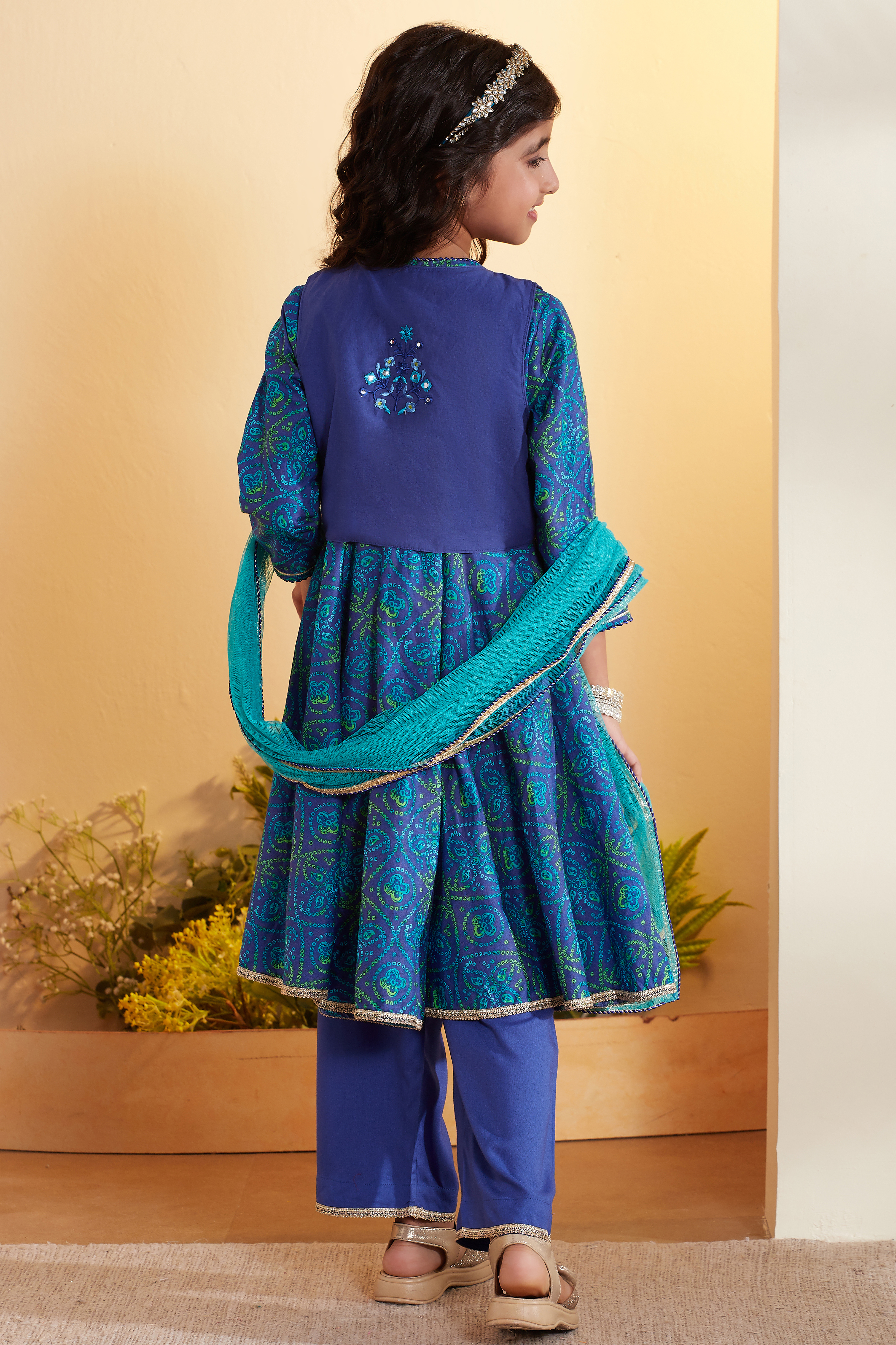 Green & Blue Cotton Printed Anarkali Kurta Set image number 5