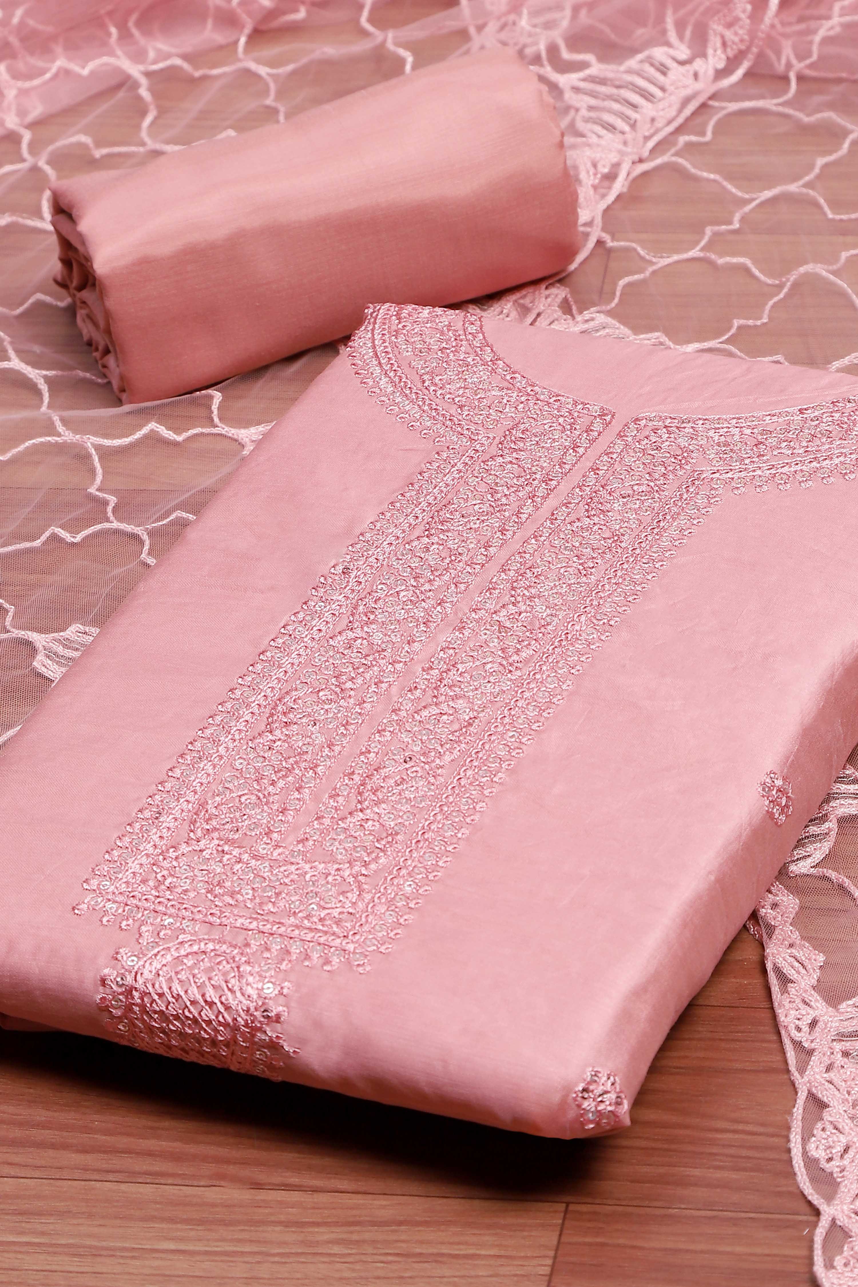 Peach Chanderi  Embroidered Unstitched Suit Set image number 1