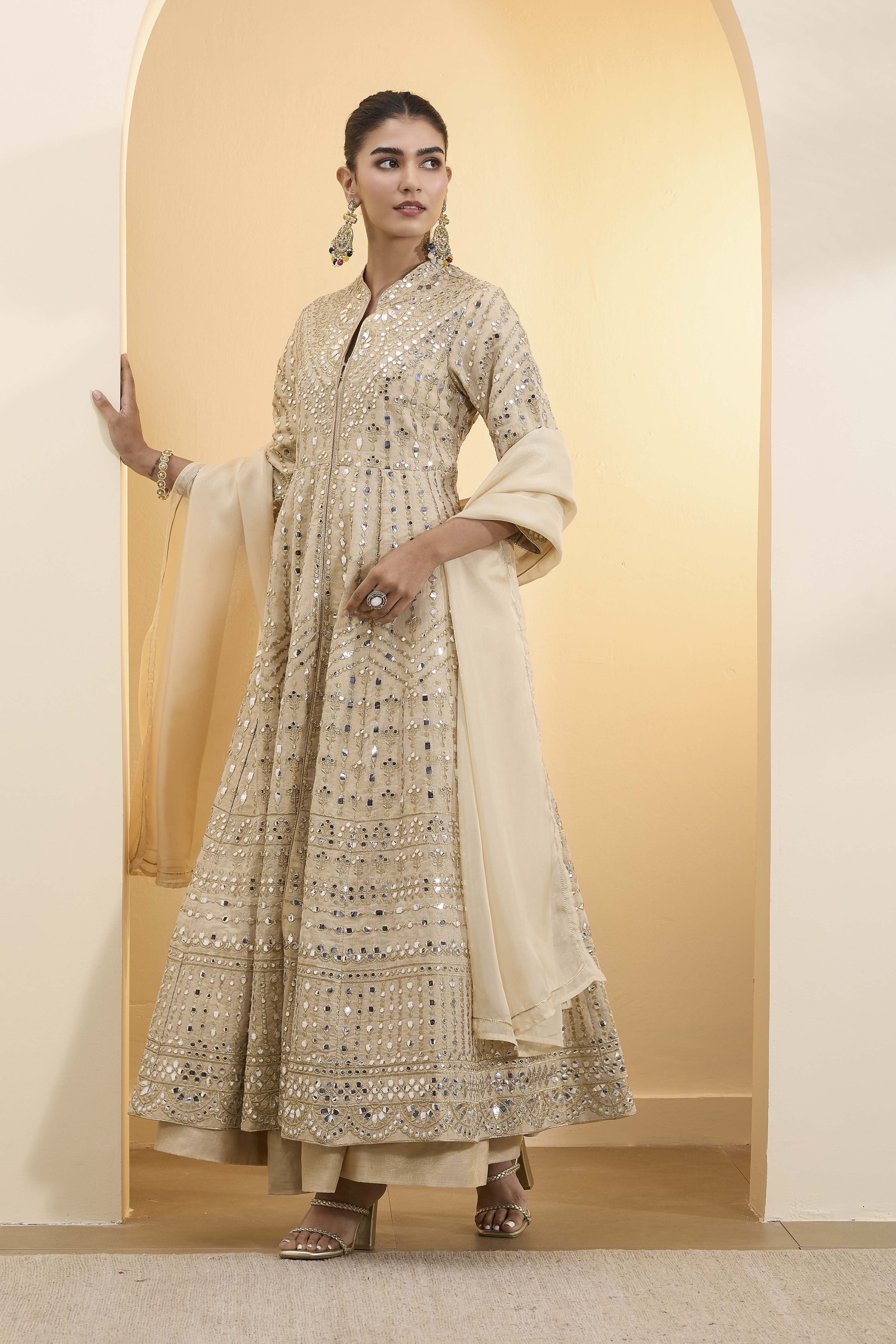 Beige Cotton Zari Tissue Kalidar Suit Set image number 3