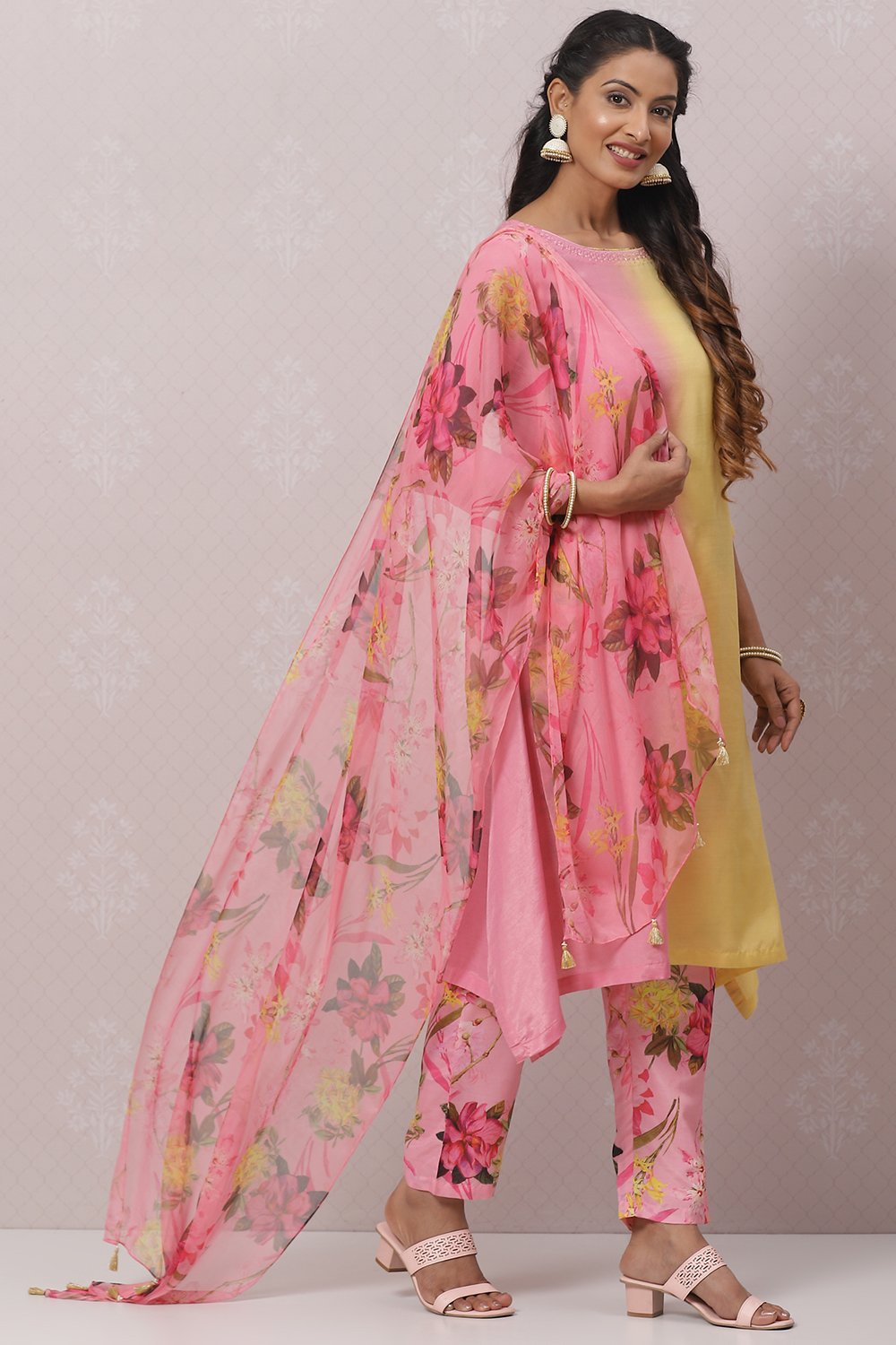 Sea Green And Pale Yellow Poly Viscose Asymmetric Kurta Pant Suit Set image number 5