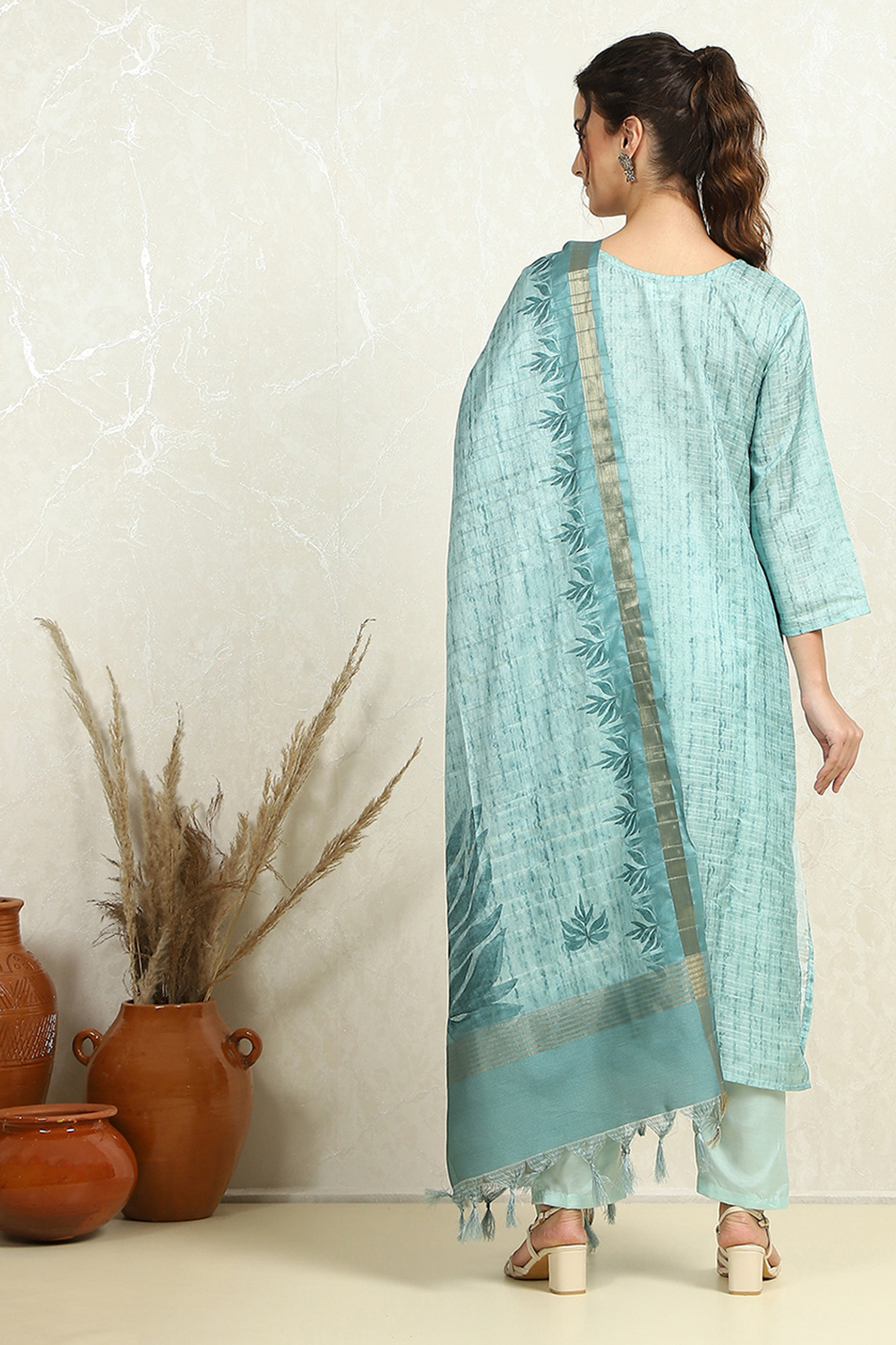 Blue Tussar Printed Unstitched Suit Set image number 4