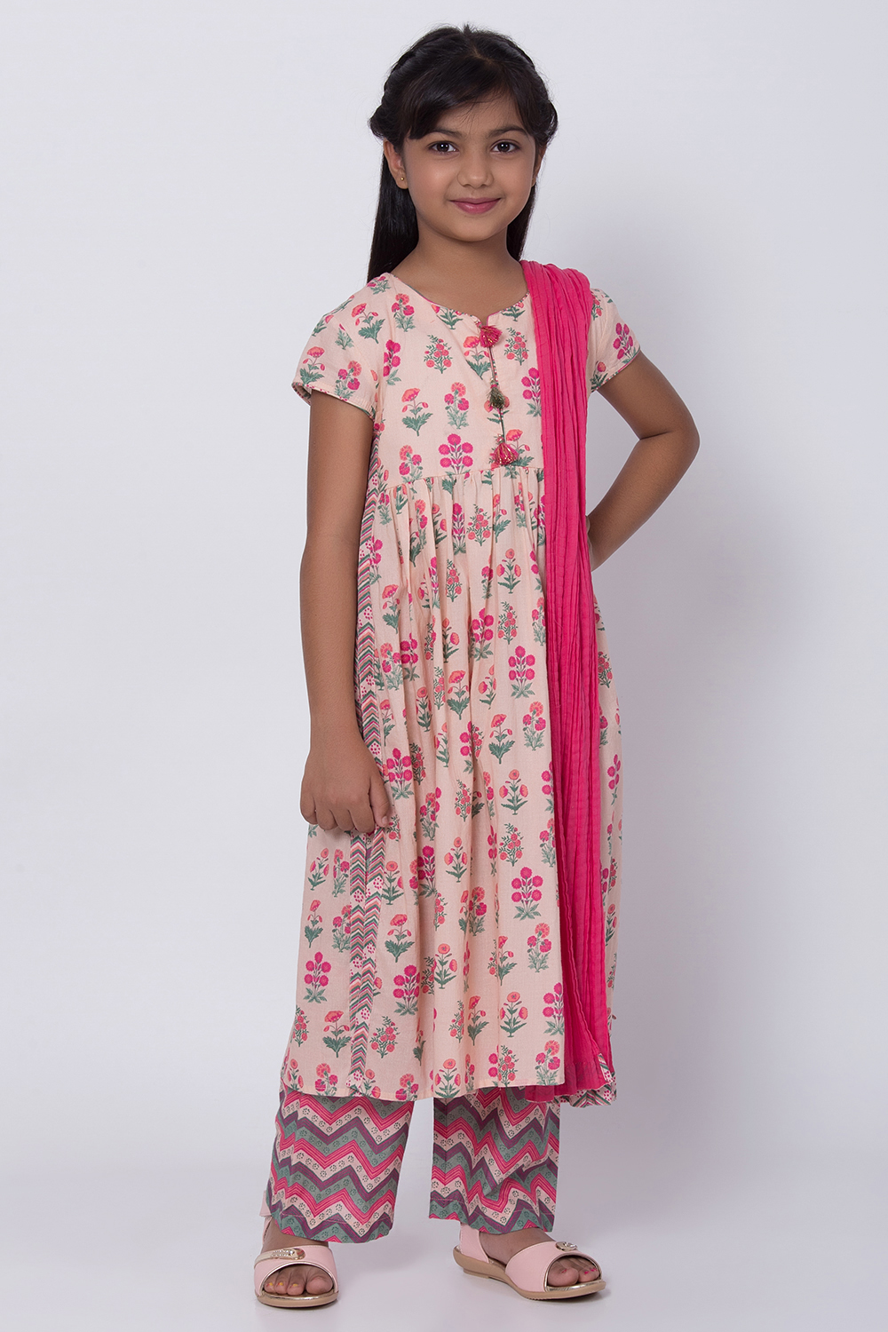 Peach Cotton Flared Straight Kurta Palazzo Suit Set image number 3