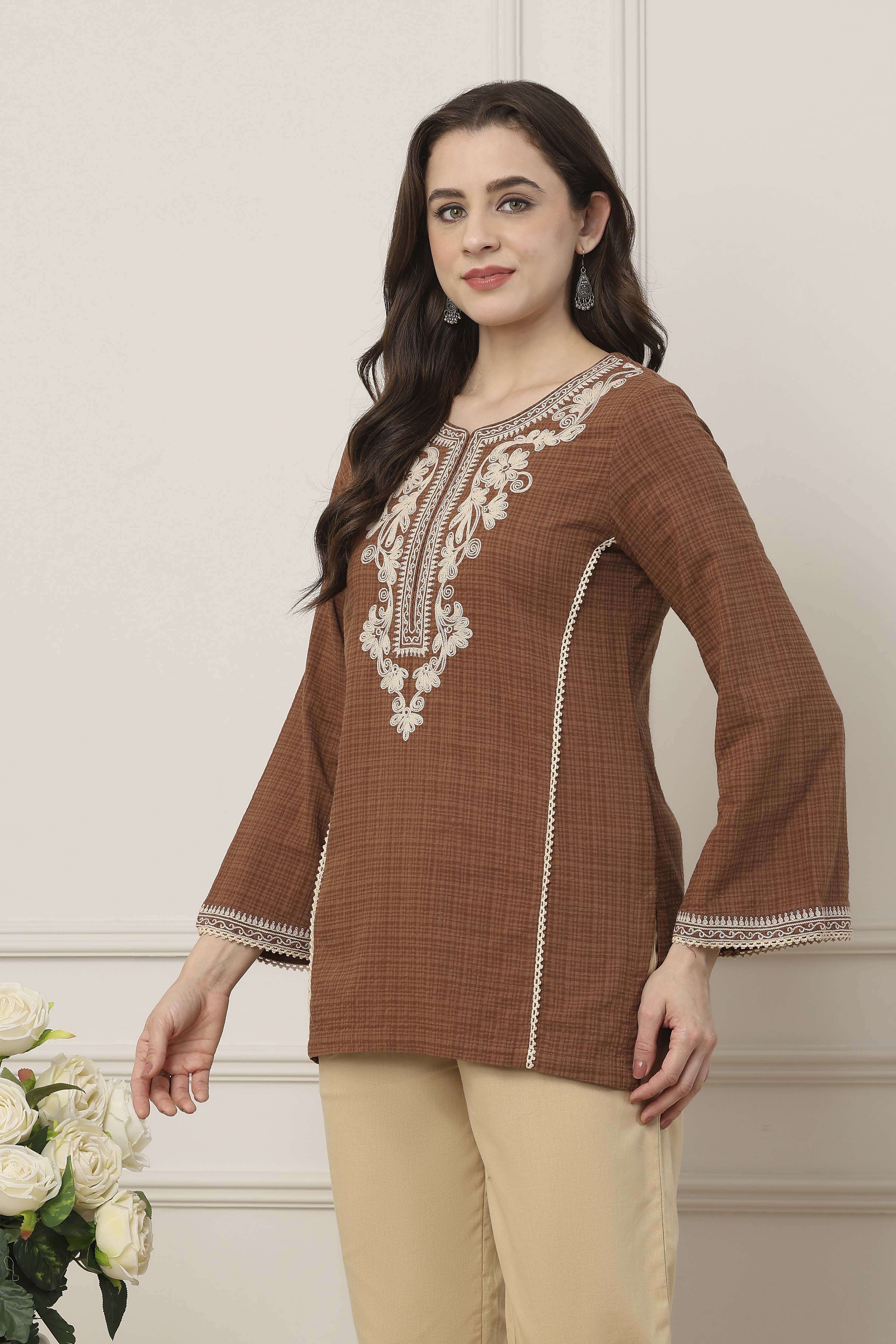 Brown Cotton Floral Yoke Embroidered Straight Kurti image number 2