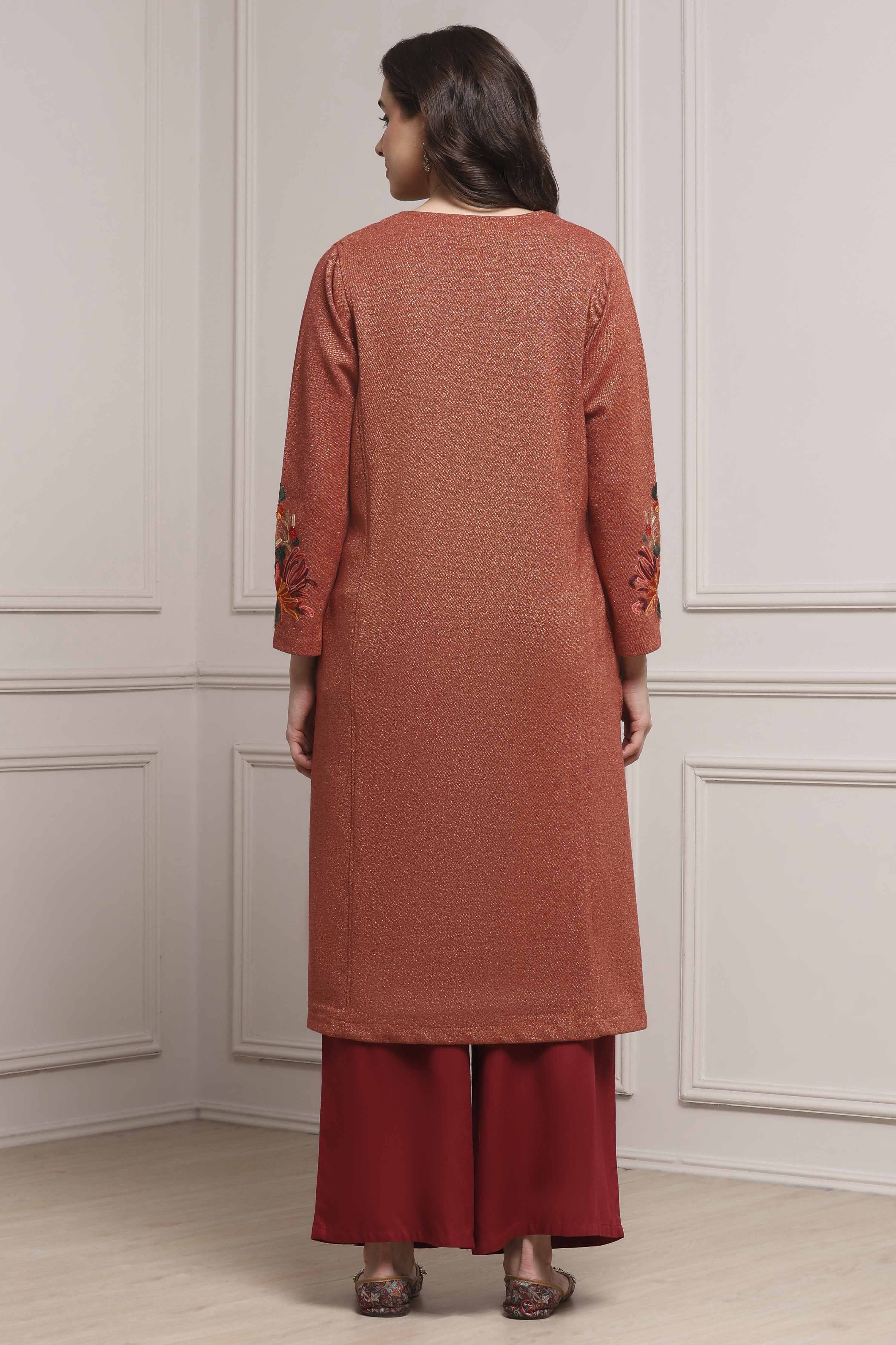 Rust Polyester Yarndyed Straight Kurta image number 3