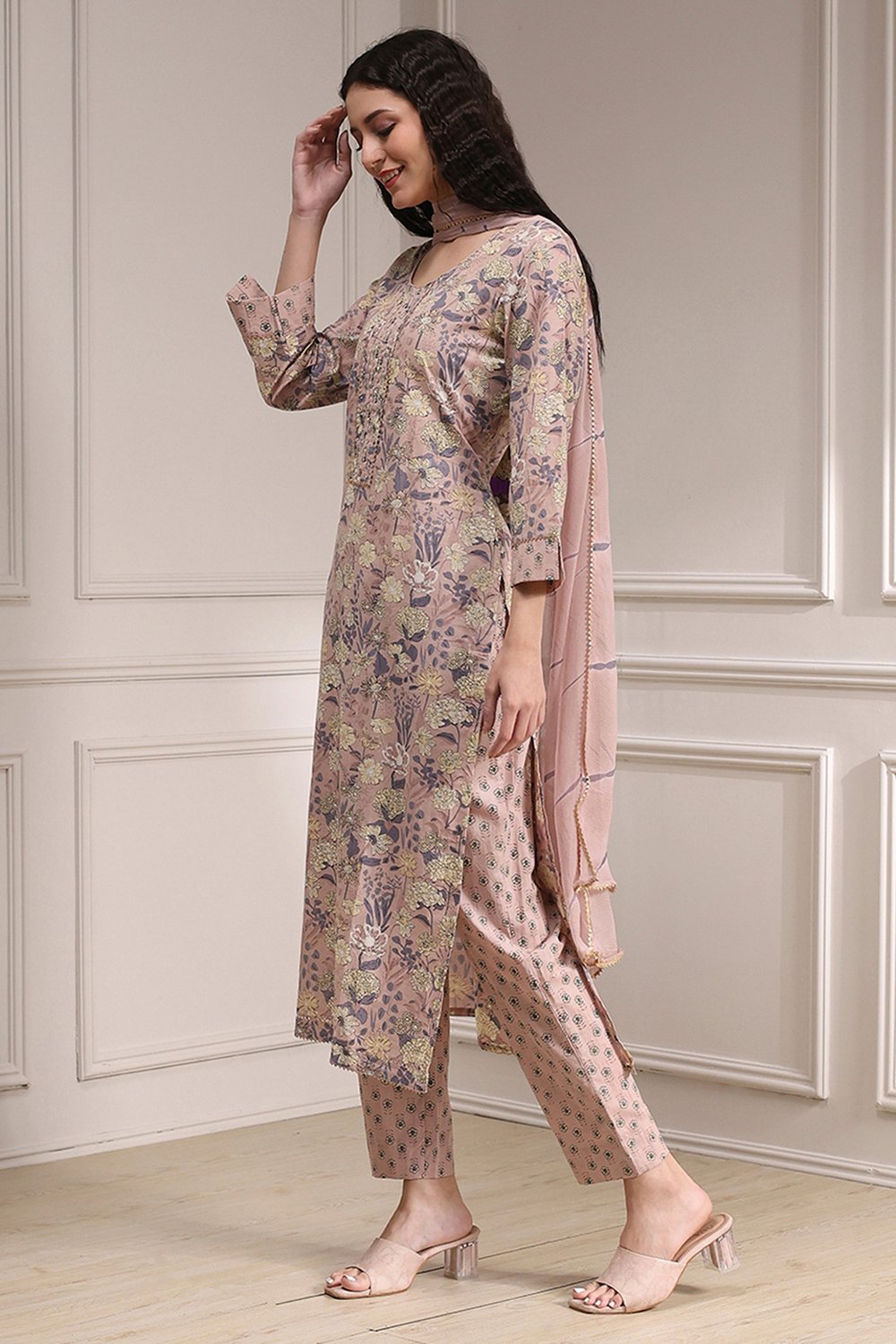 Purple Cotton Printed Embroidered Unstitched Suit Set image number 4