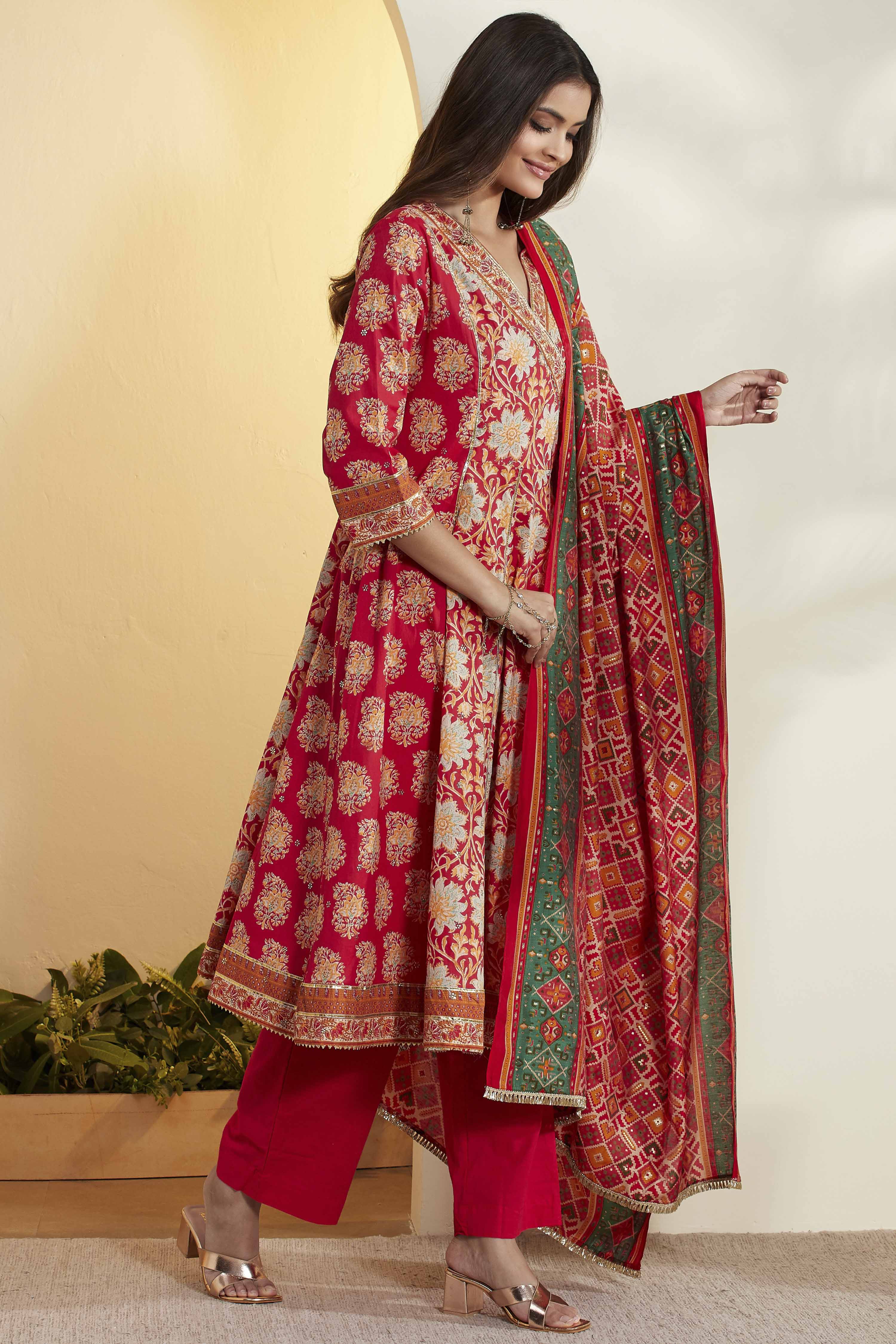 Red Cotton Floral Printed Anarkali Kurta Set image number 5