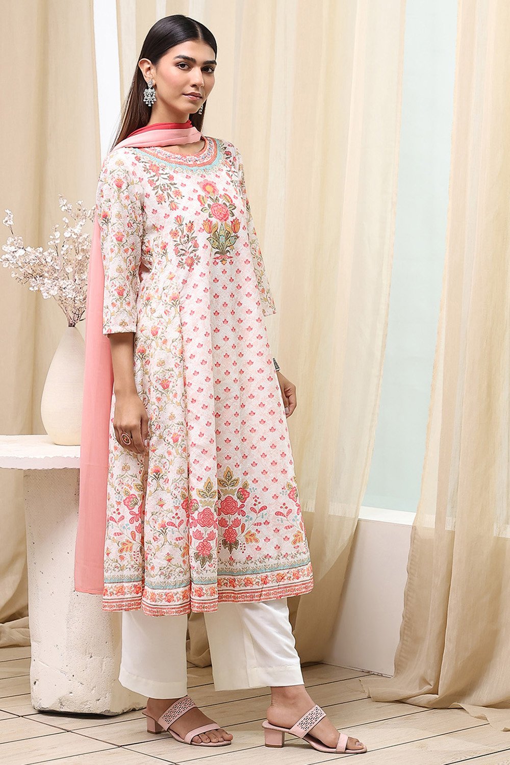 Off-White and Blue Cotton Floral Kalidar Suit Set image number 5