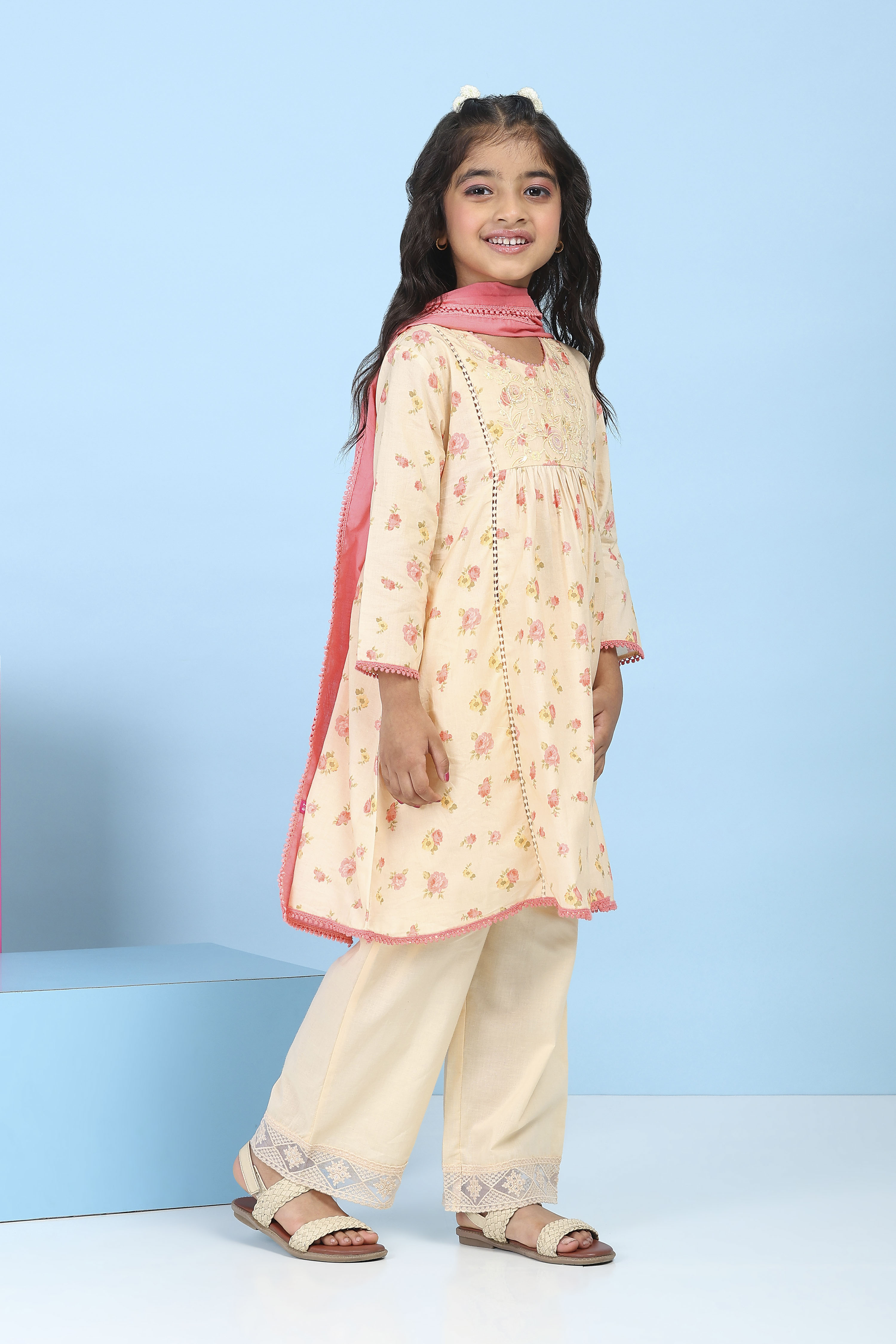 Peach Cotton Printed A-Line Suit Set image number 5