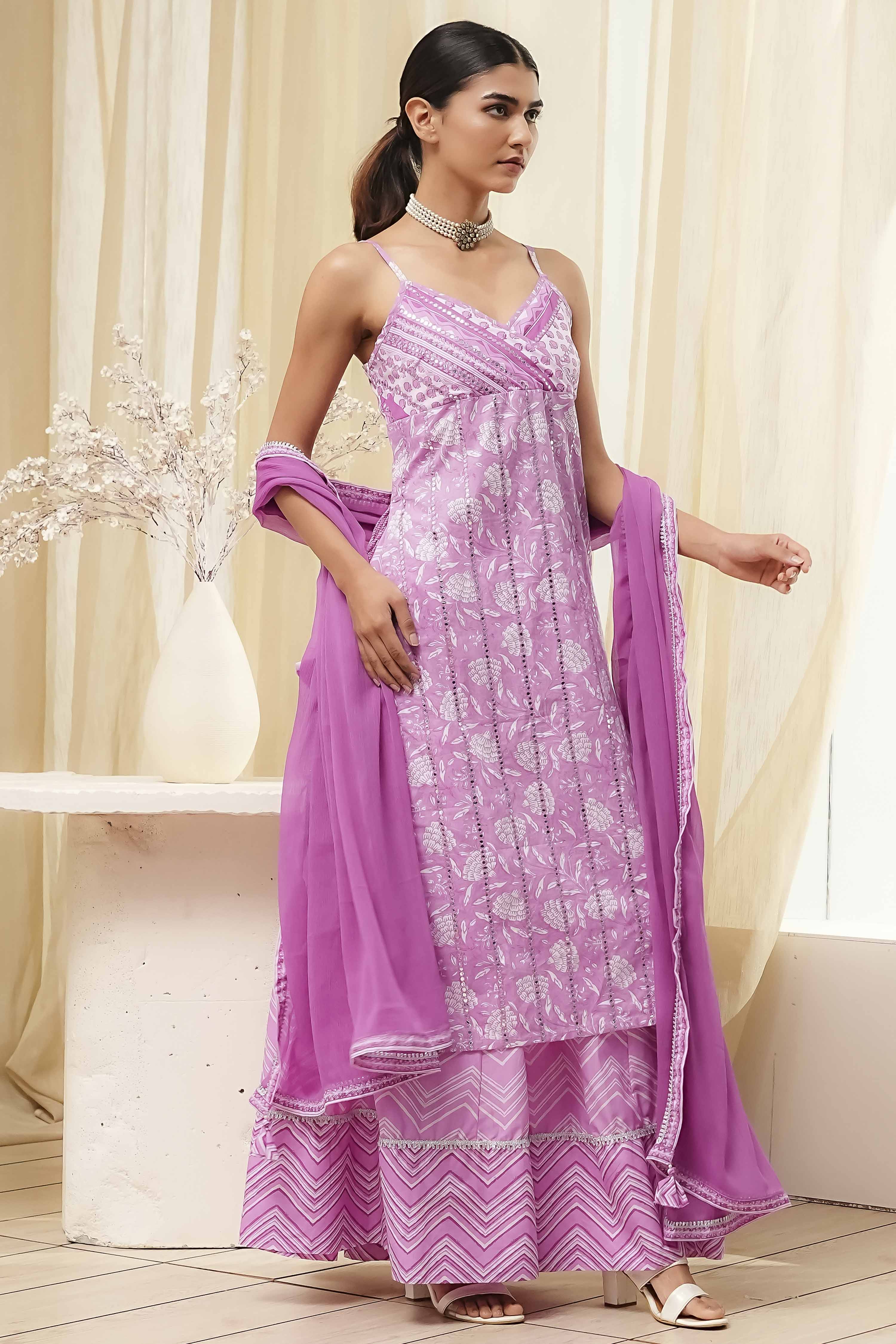 Pink Cotton Floral Strappy Straight Suit Set image number 5