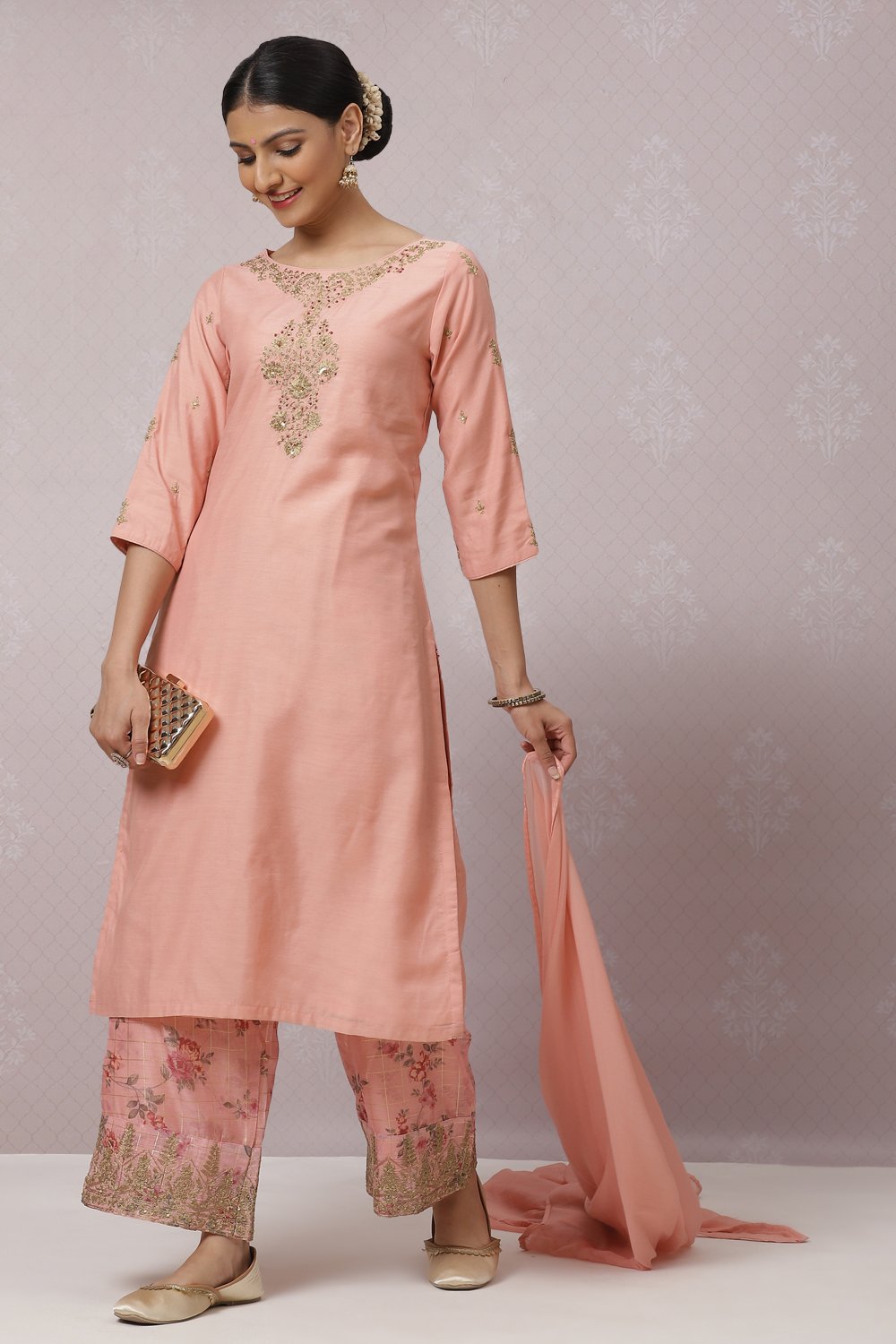 Peach Art Silk Straight Kurta Palazzo Suit Set image number 0