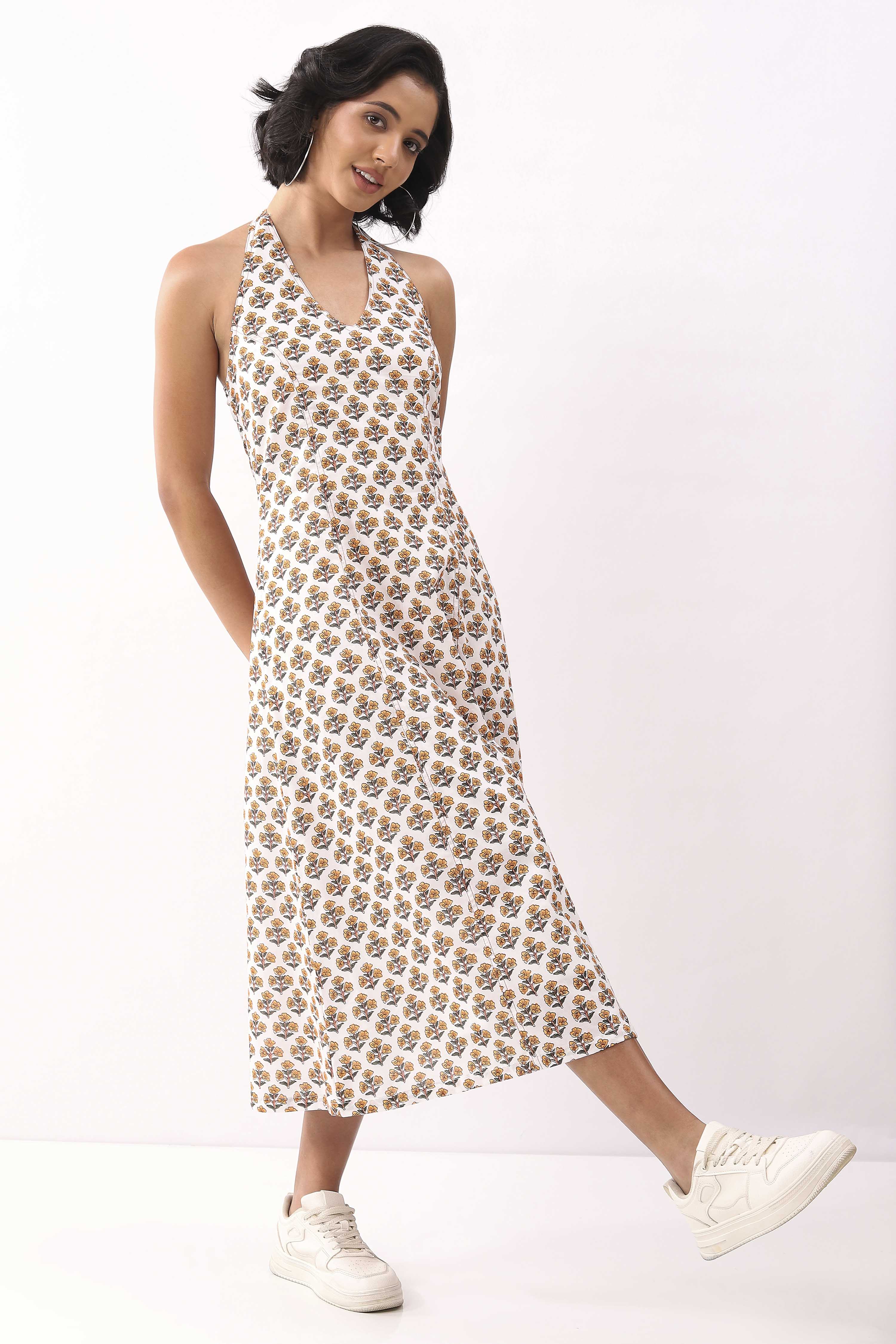 Ivory Cotton Printed A Line Dress image number 7