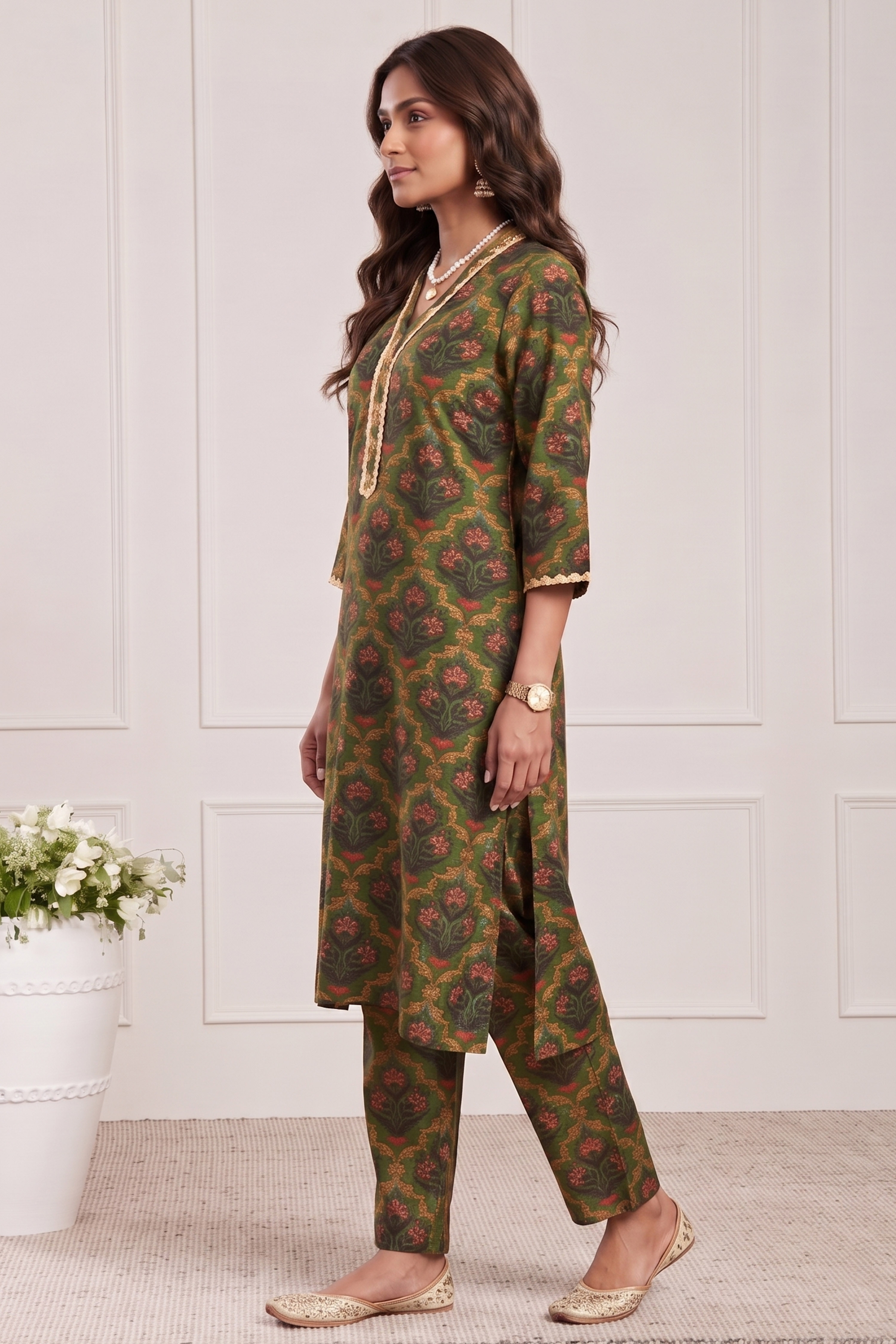 Green Poly Viscose Straight Kurta Pants Set image number 3